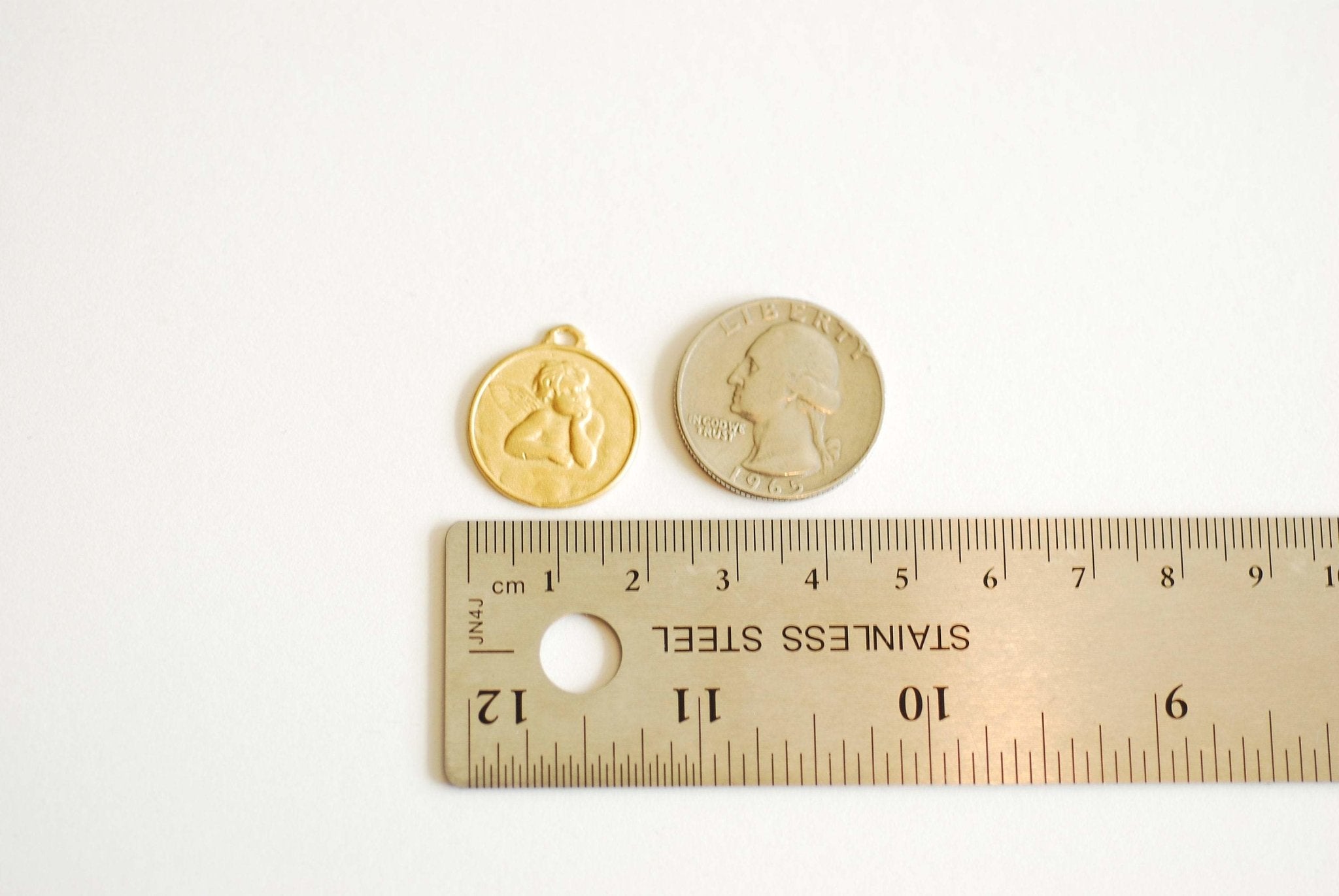 Large Angel Face Vermeil Gold Round Charm - gold disc, angelic cupid with wings pendant, circle disk, Angel Charm Pendant, Coin Charm, 408 - HarperCrown