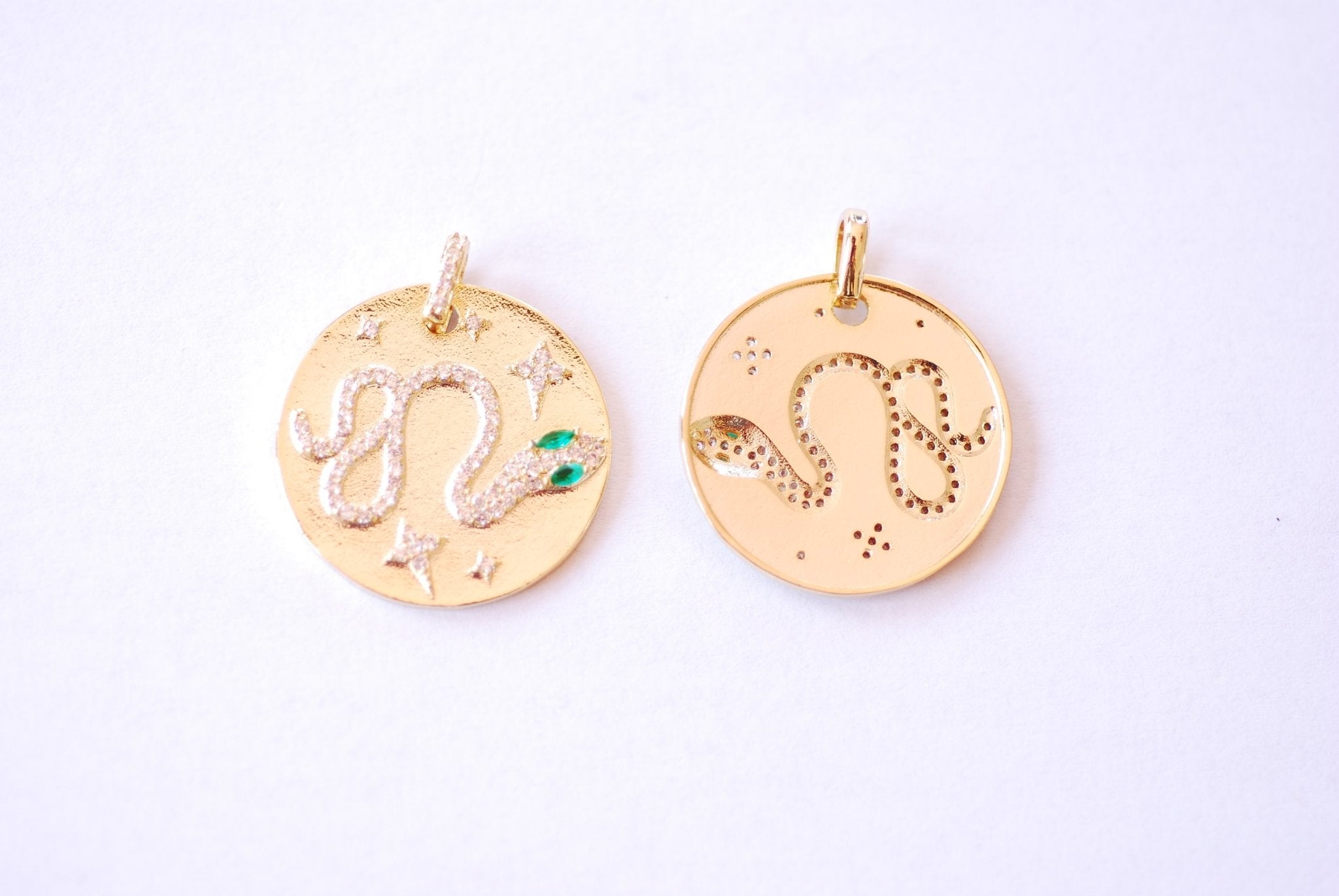 Large Round Disc Micro Pave Snake Pendant - 16k Gold plated over Brass, Gold Brass Disc Cubic Zirconia Snake Emerald Green Harper Crown B148 - HarperCrown