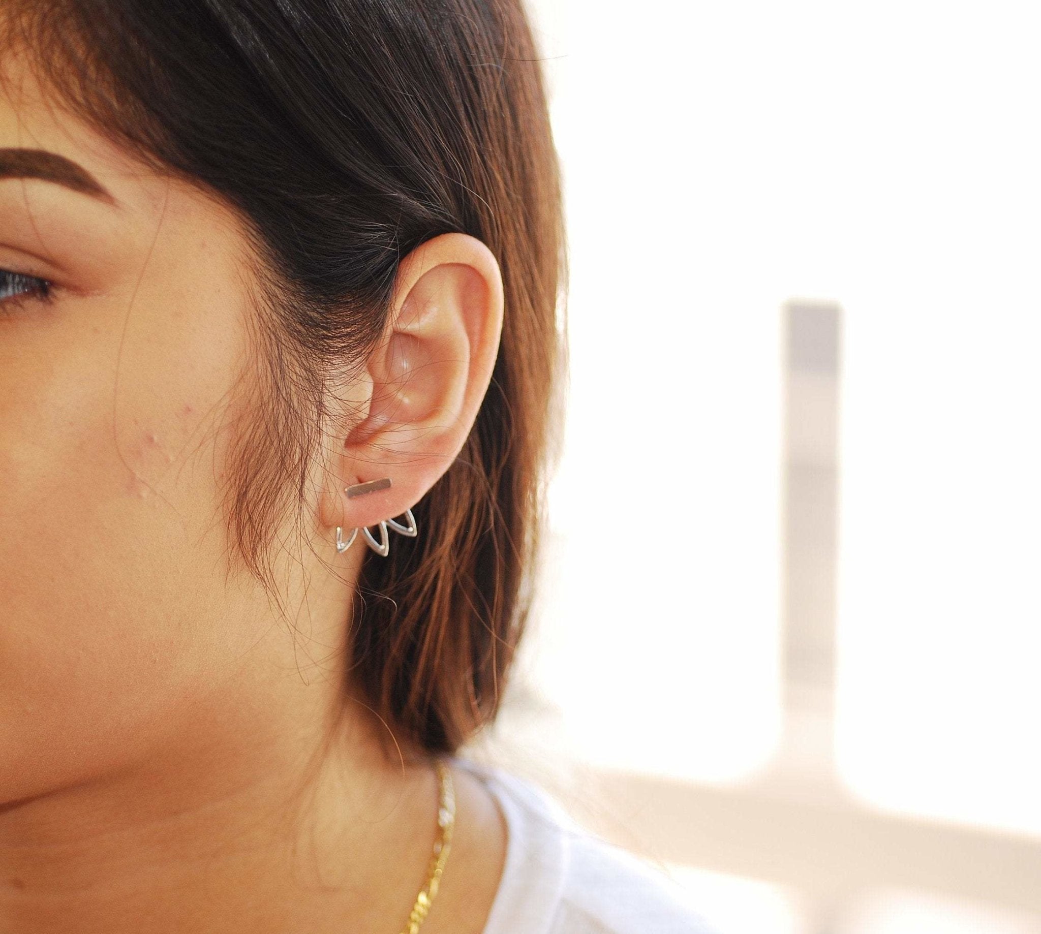 Lotus Flower Ear Jacket Earrings- Choose Sterling Silver, Gold, Rose Gold, front back earrings, Lotus flower stud earrings, bar earrings - HarperCrown