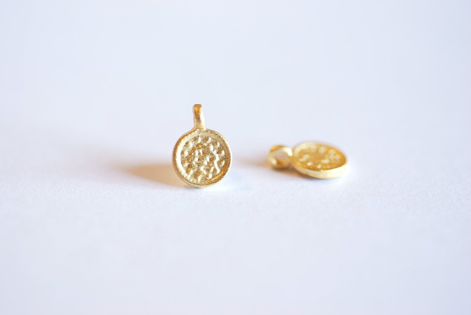Matte Gold Small Disc Charm- 22k gold plated over sterling silver round disc charm, Vermeil Gold Disc, Gold disc with bail, Small Round Disc - HarperCrown