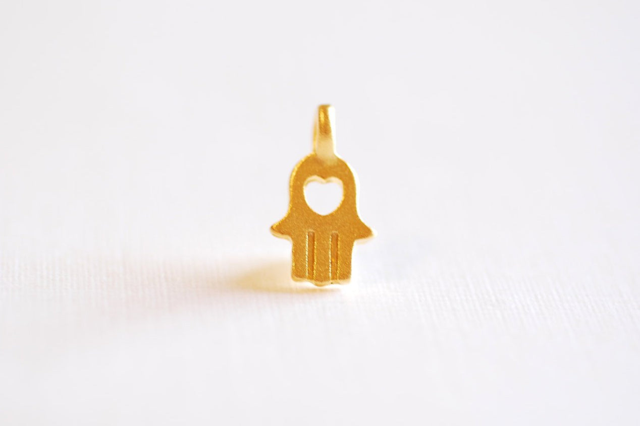 Matte Vermeil Gold Hamsa Hand with centered heart charm- 18k gold plated over Sterling Silver Hamsa Hand, Heart Hamsa hand Charm, 44 - HarperCrown