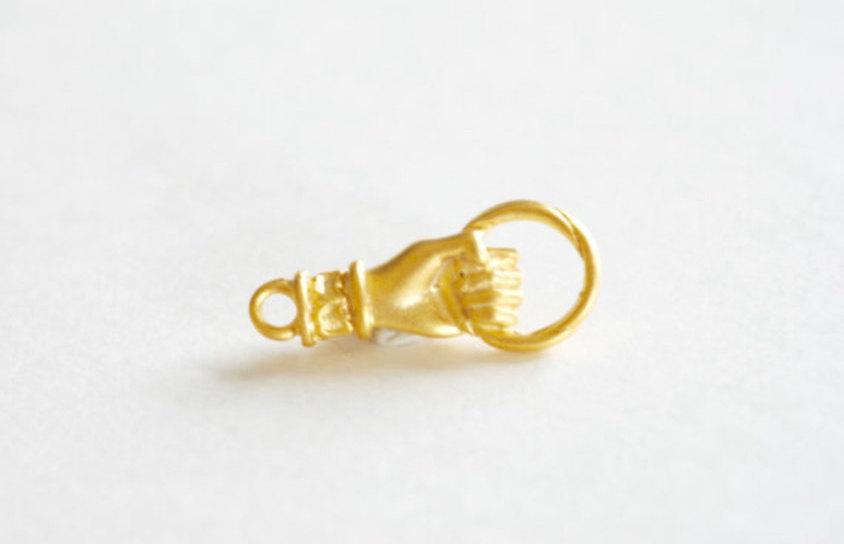 Matte Vermeil Gold Hand Connector- 18k gold plated over Sterling Silver, Hand of Fatima connector, Hand Holding Ring Connector, hand, 34 - HarperCrown