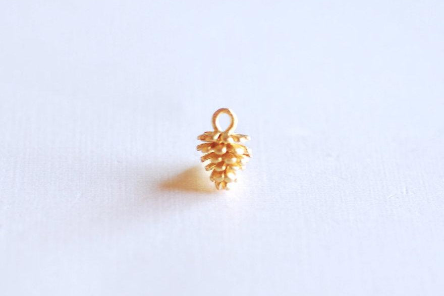 Matte Vermeil Gold Pinecone Charm- 18k gold over Sterling Silver Pine Cone Pendant, Small Conifer Tree Charm, Nature Forest Woodland, 290 - HarperCrown