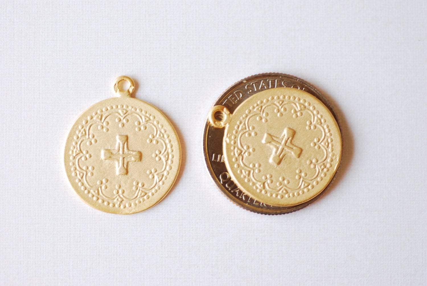 Matte Vermeil Gold Round Cross Pendant - 18k gold plated over sterling silver, Communion Cross, Vermeil Gold Christian Catholic Cross, 215 - HarperCrown