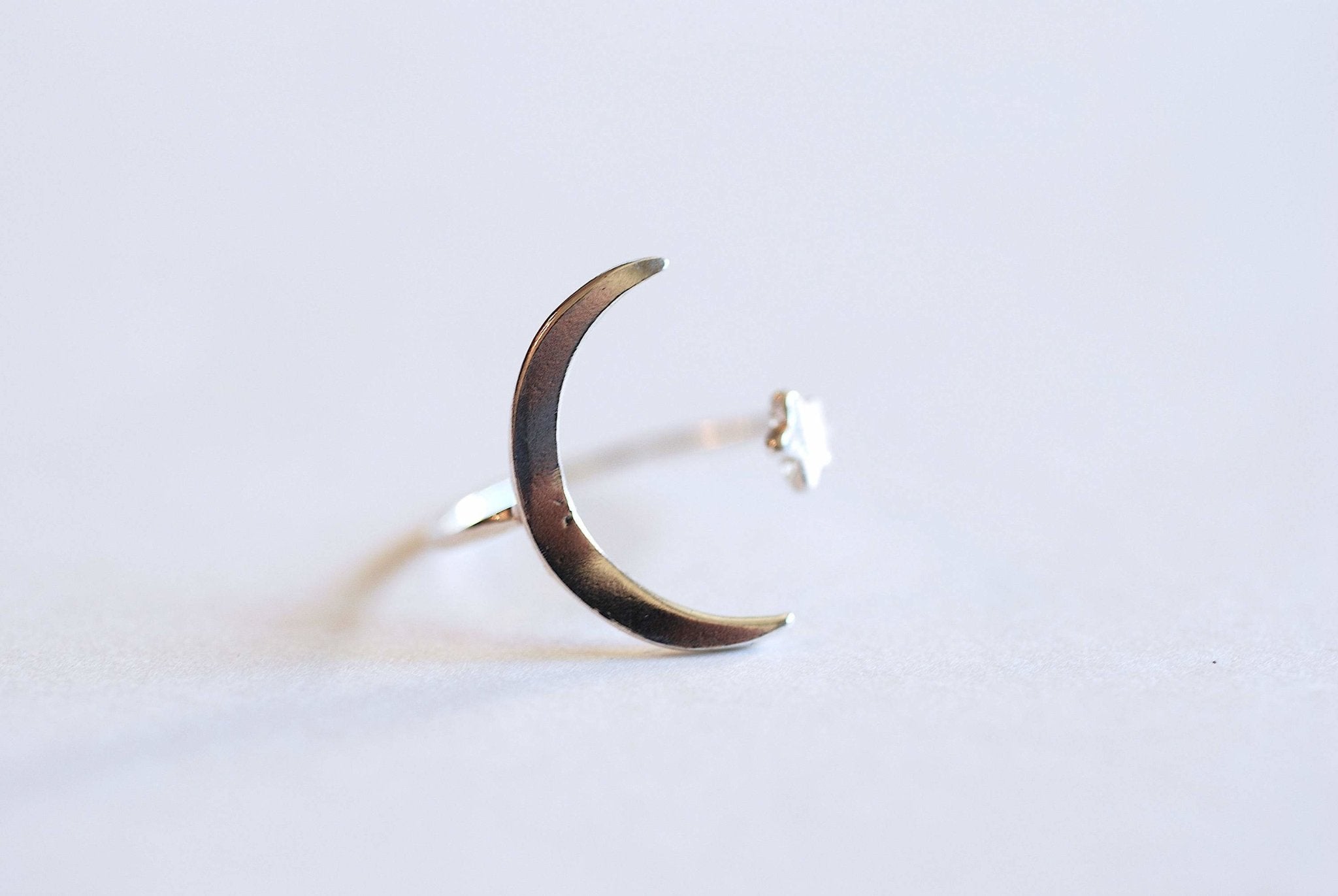Moon and Star Ring- 925 Sterling Silver Adjustable Ring, Crescent Moon & Star Ring, Dainty Ring, Stacking Ring, Everyday Ring, Minimal Ring - HarperCrown