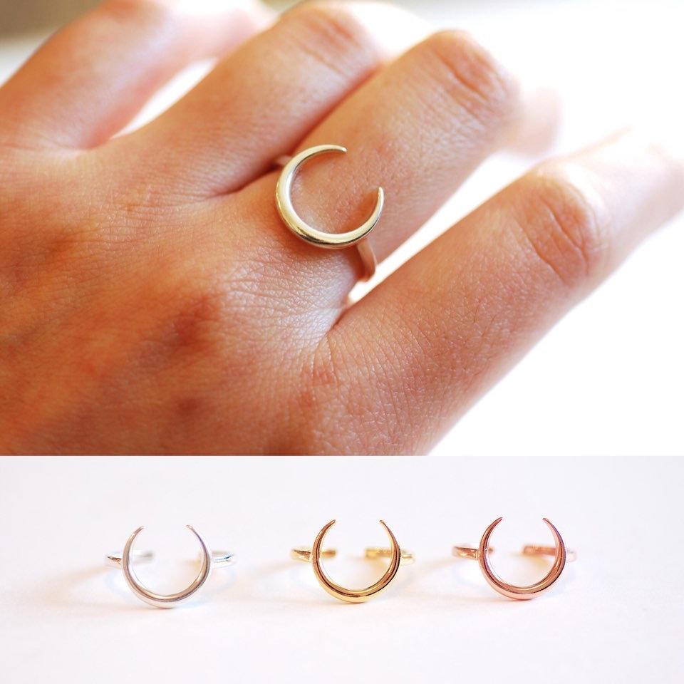 Moon Ring- 925 Sterling Silver Adjustable Ring, Minimalist moon Ring, Mako Moon Ring, Crescent Moon Ring, Stacking Ring, Double Horn Ring - HarperCrown