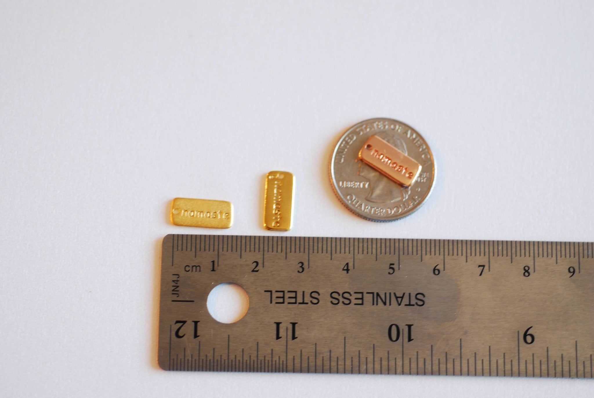 Namaste Charm- 22k Gold plated over 925 Sterling Silver, Namaste Tag, Words Inscribed, Yoga Charm, Meditation Charm, Ohm Om Charm, 391 - HarperCrown