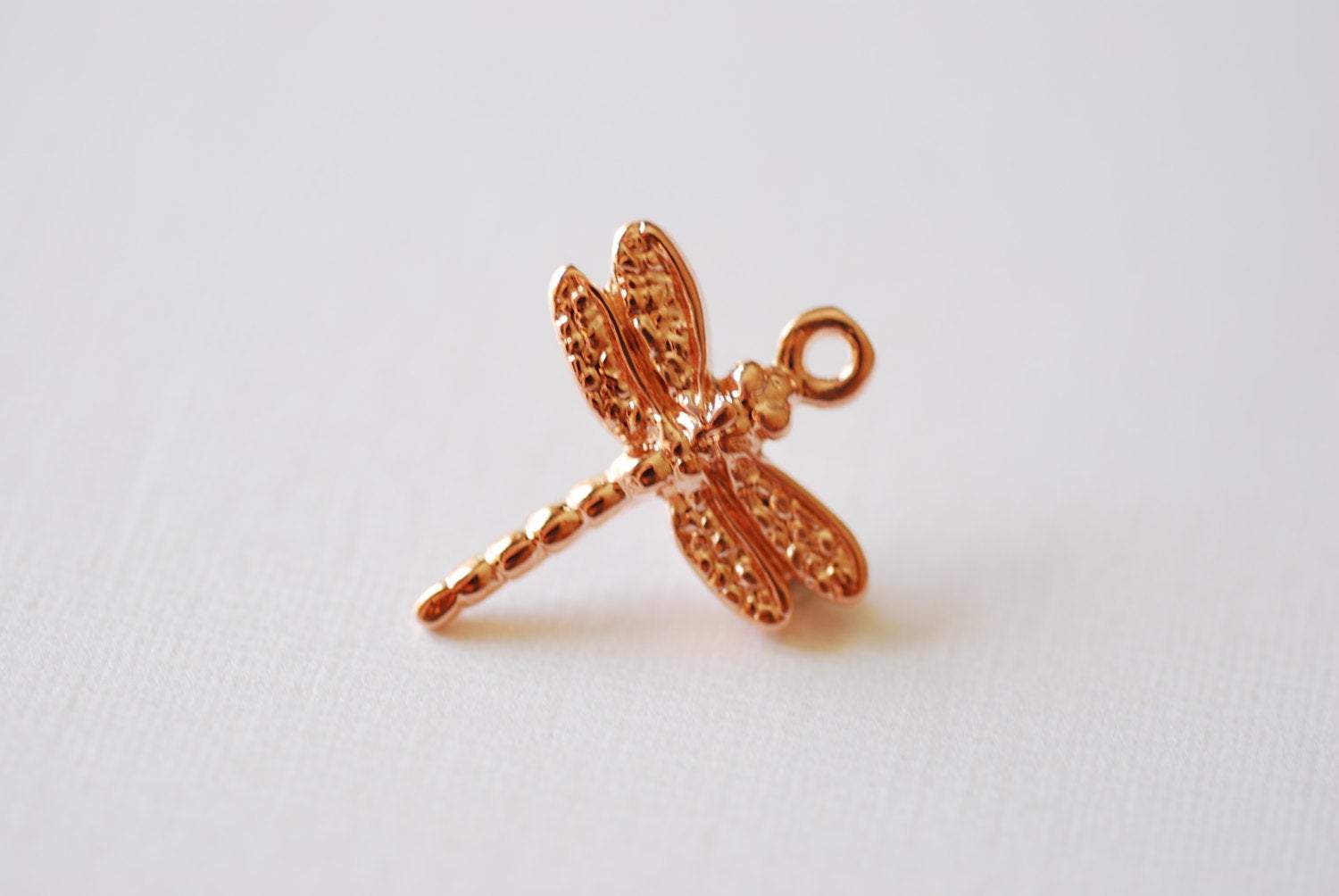 Pink Rose Gold Vermeil Dragonfly Charm Pendant- 18k gold plated over Sterling Silver dragonfly, Vermeil Rose Gold dragonfly, Gold Wings - HarperCrown