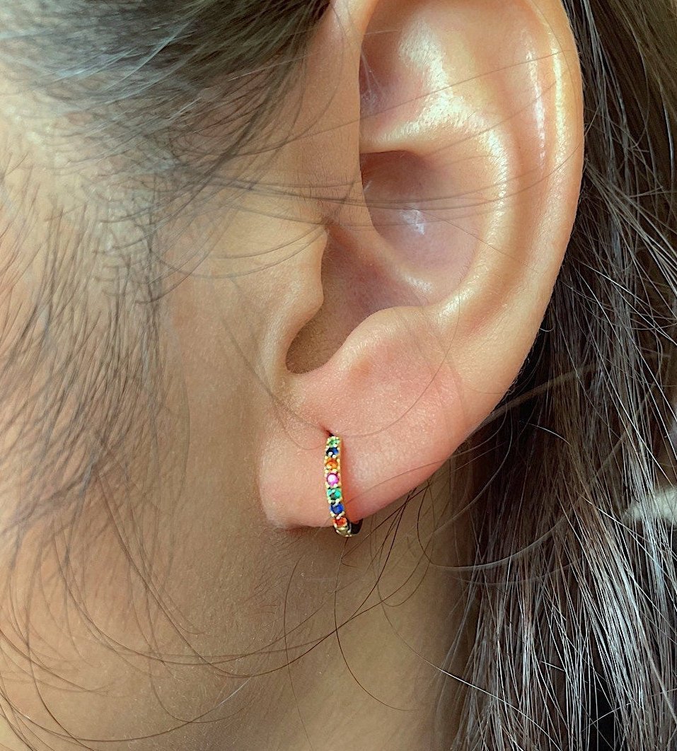 Rainbow Huggie Earrings Gold Sterling Silver Huggie Hoop Earrings Minimalist Dainty Earrings LGBTQ Multi color Cubic Zirconia Pave Hoops - HarperCrown