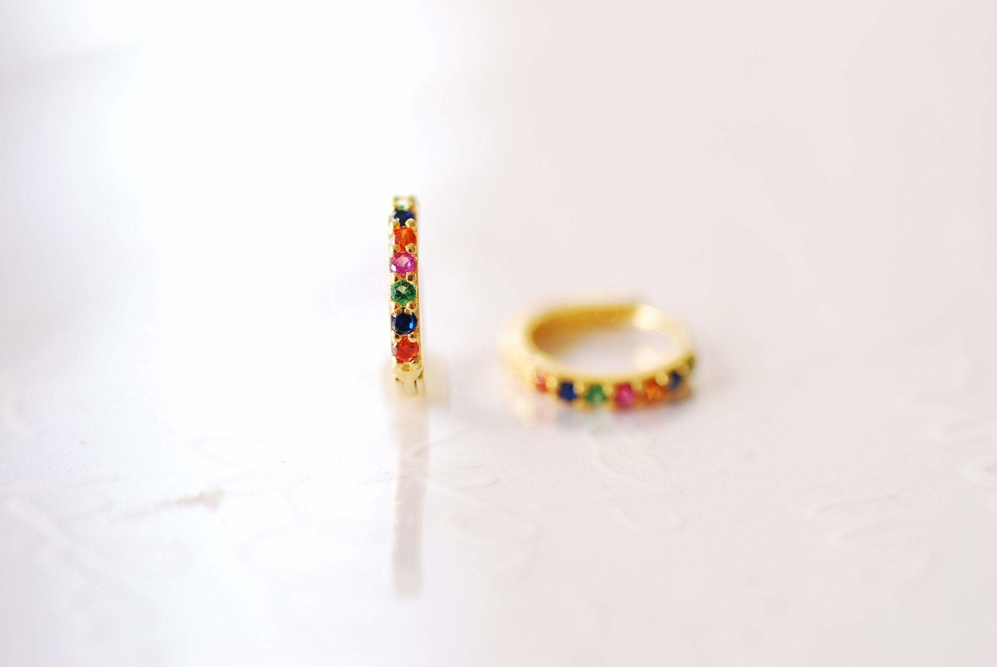 Rainbow Huggie Earrings Gold Sterling Silver Huggie Hoop Earrings Minimalist Dainty Earrings LGBTQ Multi color Cubic Zirconia Pave Hoops - HarperCrown