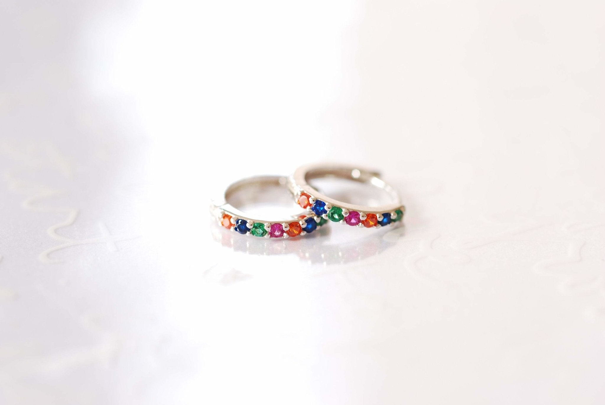 Rainbow Huggie Earrings Gold Sterling Silver Huggie Hoop Earrings Minimalist Dainty Earrings LGBTQ Multi color Cubic Zirconia Pave Hoops - HarperCrown