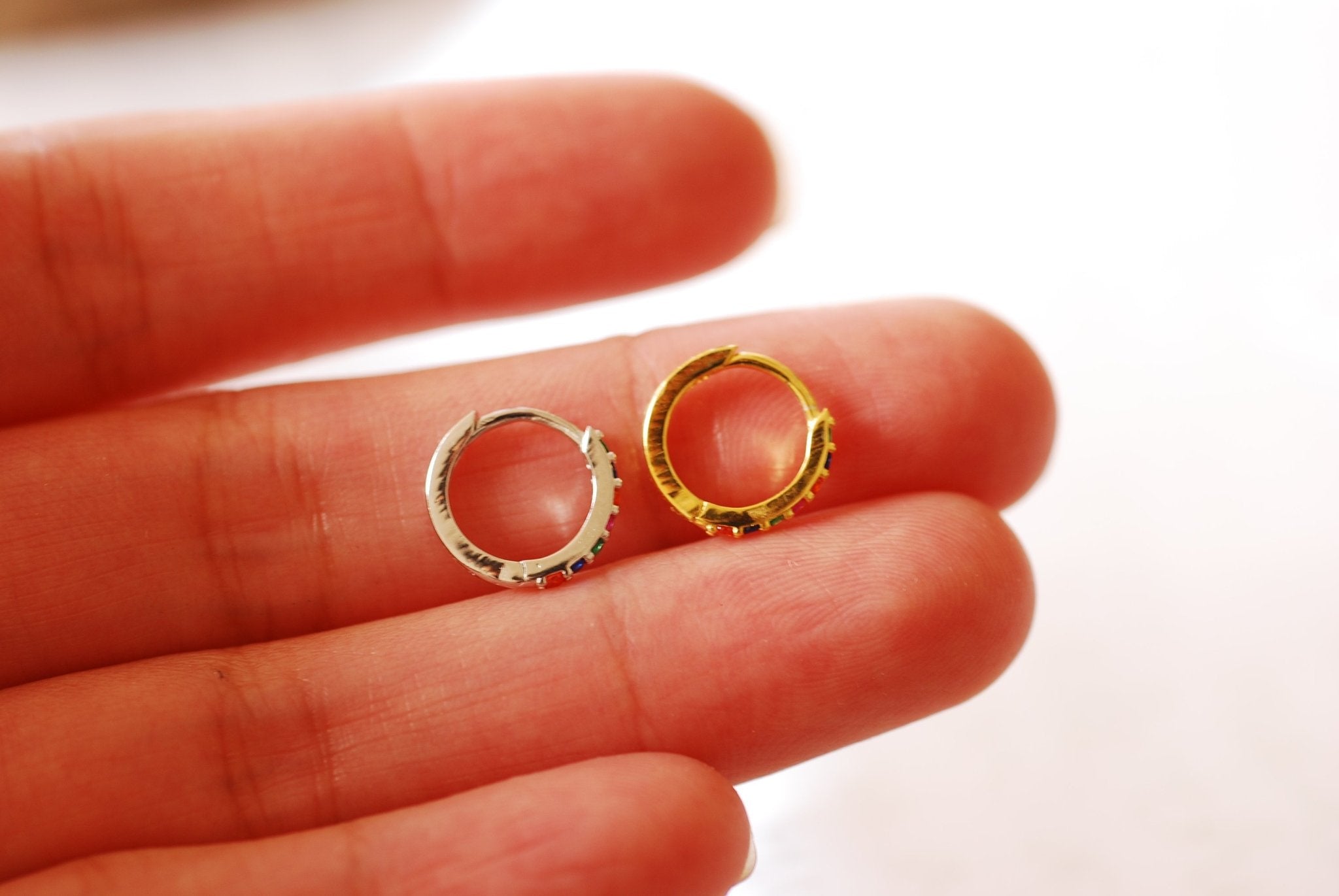 Rainbow Huggie Earrings Gold Sterling Silver Huggie Hoop Earrings Minimalist Dainty Earrings LGBTQ Multi color Cubic Zirconia Pave Hoops - HarperCrown