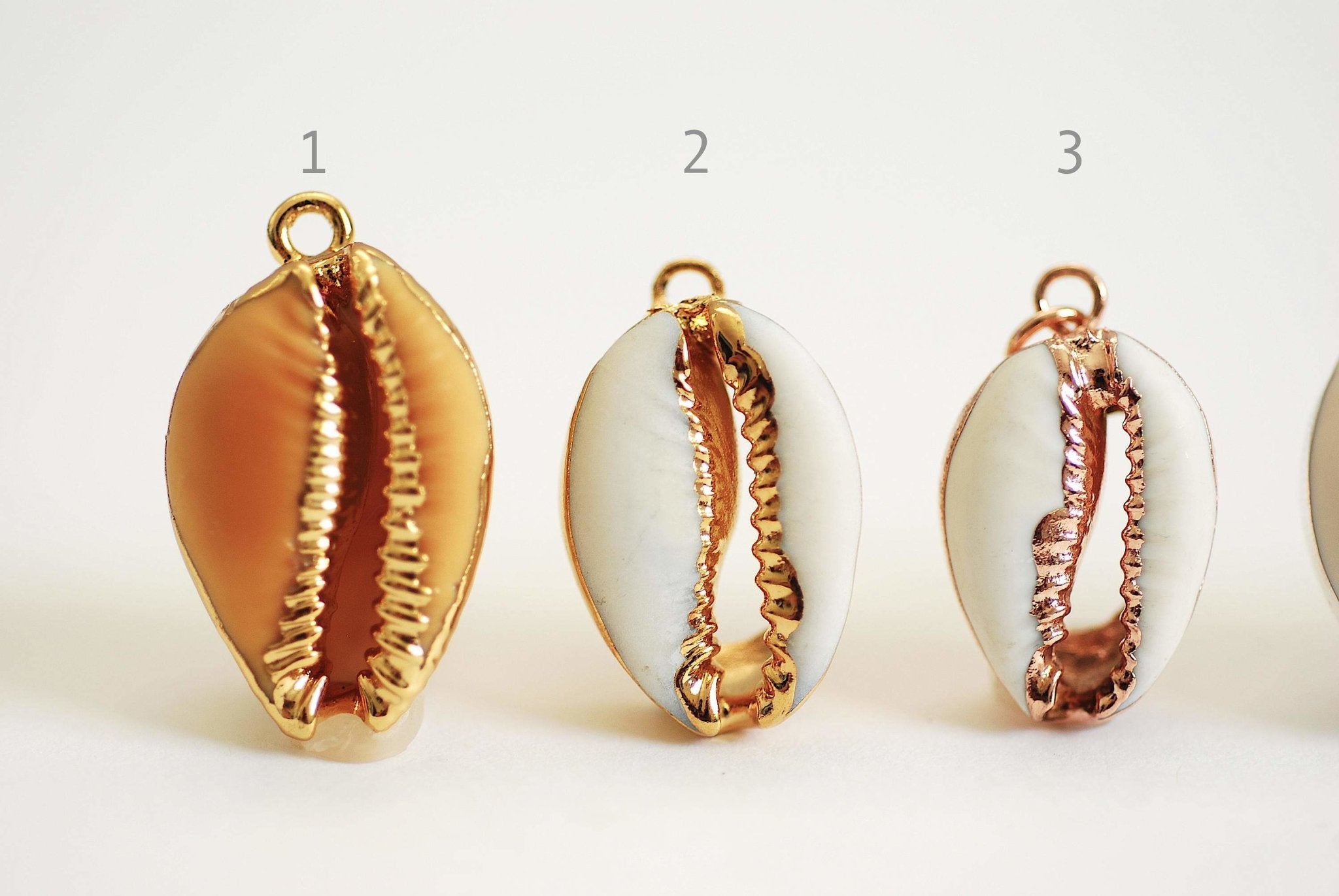Real Natural Cowrie Shell, Gold, Sterling Silver, Rose Gold, gold dipped shell pendant, Cowrie shell pendant charm, Cut Cowrie Shell Beads - HarperCrown