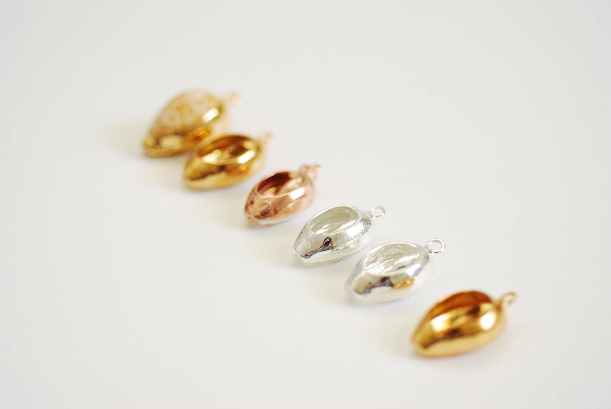 Real Natural Cowrie Shell, Gold, Sterling Silver, Rose Gold, gold dipped shell pendant, Cowrie shell pendant charm, Cut Cowrie Shell Beads - HarperCrown