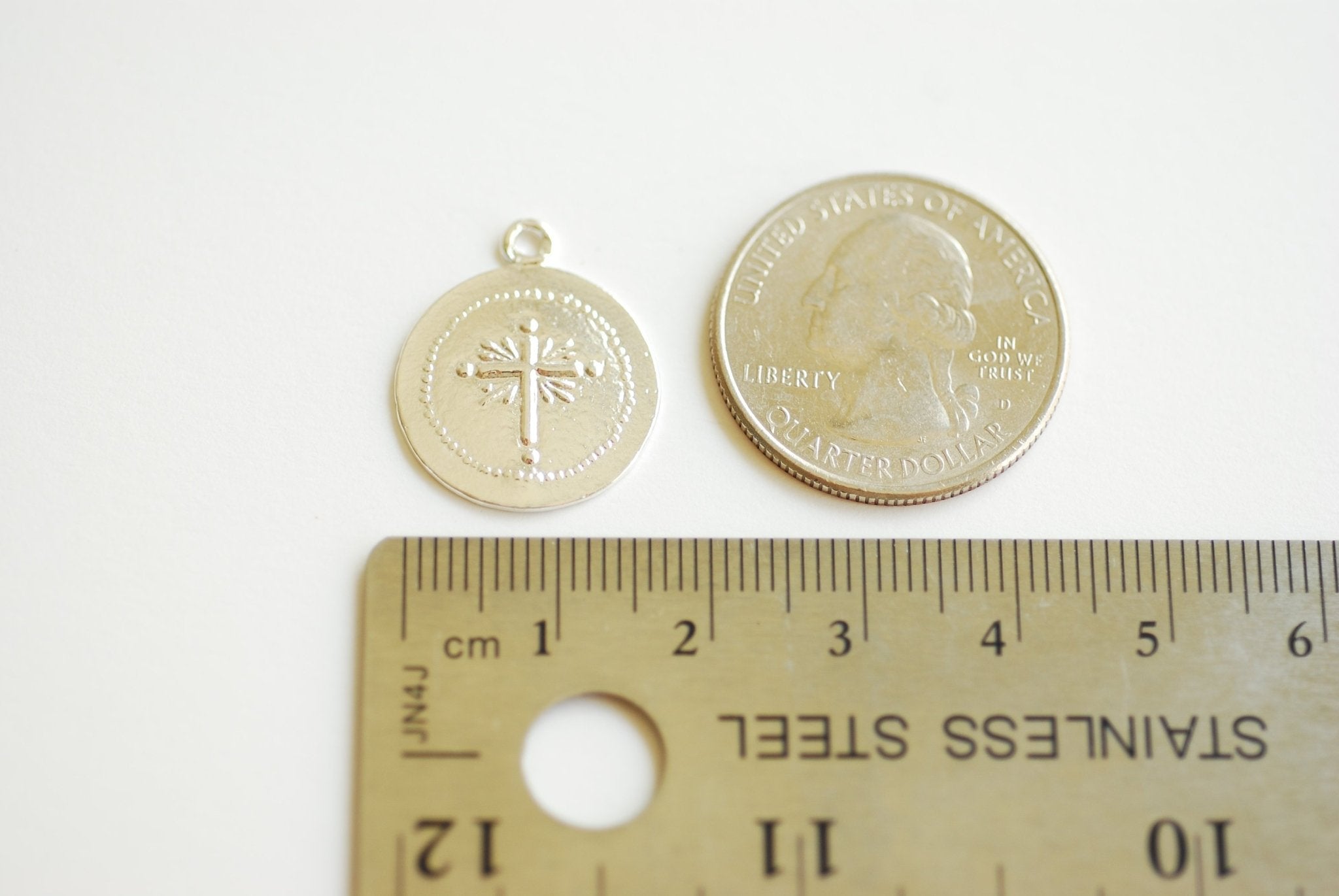 Round Cross Pendent- Vermeil Gold 18k Gold plated over 925 Sterling Silver, Religious Symbol, 18mm Disc, Christian Catholic Cross, 476 - HarperCrown