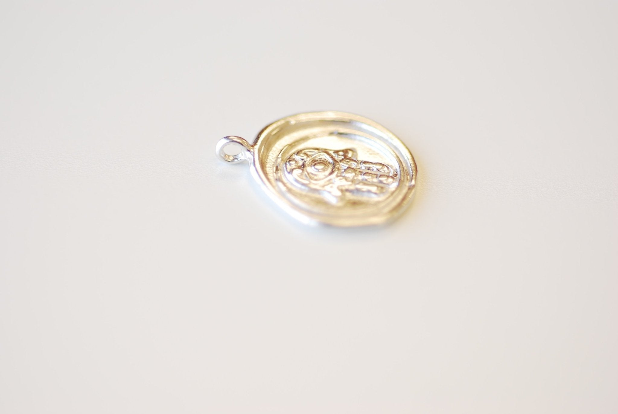 Round Hamsa Hand Charm - Vermeil 18k gold plated over 925 sterling silver, Oval Hamsa Hand Charm, Hamsa Hand, Jewelry Component, 494 - HarperCrown