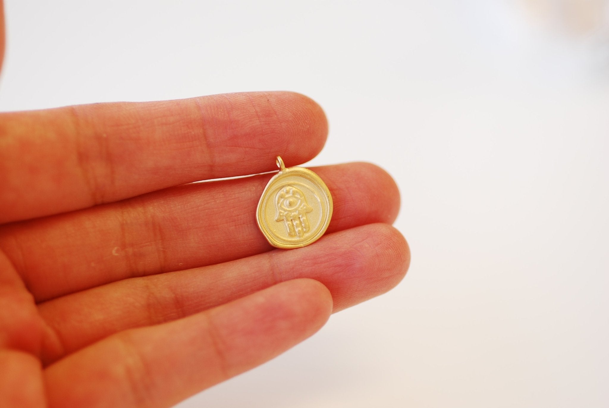 Round Hamsa Hand Charm - Vermeil 18k gold plated over 925 sterling silver, Oval Hamsa Hand Charm, Hamsa Hand, Jewelry Component, 494 - HarperCrown