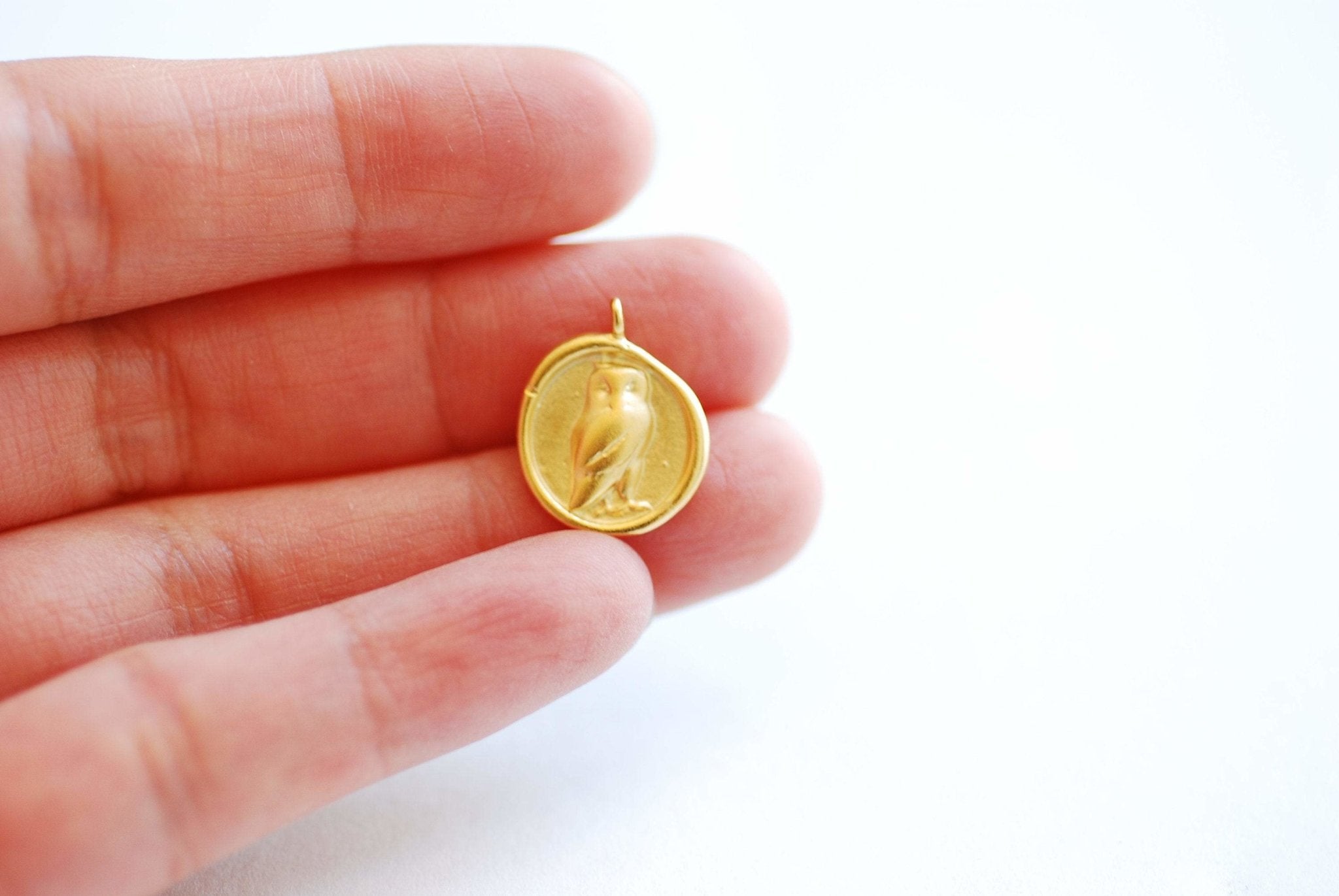 Round Owl Charm - 18k gold plated over 925 sterling silver, Athena Goddess Greek Owl Wisdom, Antique Coin, Greek Goddess Charm 493 - HarperCrown
