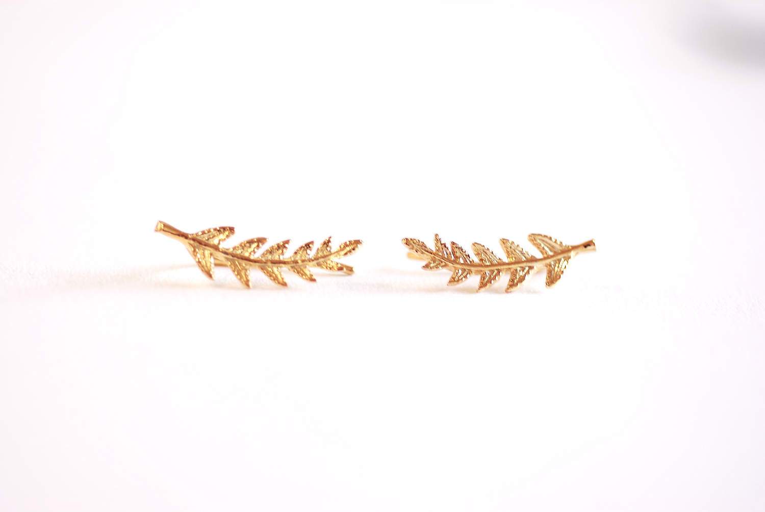 Shiny Gold Leaf Ear Climber- Gold Leaf Ear Cuff, Leaf Earrings Ear Crawler, Gold Ear Climber, Ear Jacket, Leaves Ear Climber Crawler, Jacket - HarperCrown