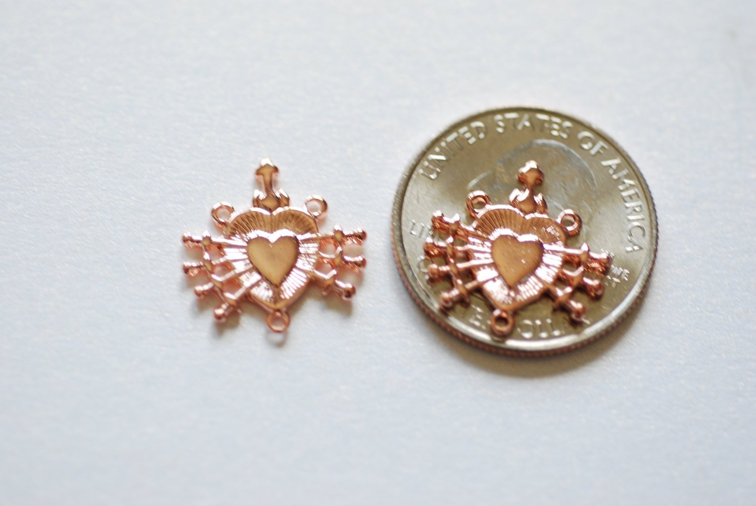 Shiny Pink Rose Vermeil Gold Holy Sacred Heart Connector Charm- 18k gold plated over 925 silver Religious Rosary Pendant, Heart Rosary, 214 - HarperCrown