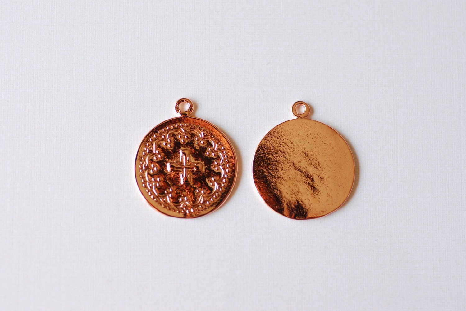 Shiny Pink Vermeil Rose Gold Round Cross Pendant - 18k gold plated over sterling silver, Communion Cross, Rose Gold Christian Catholic Cross - HarperCrown