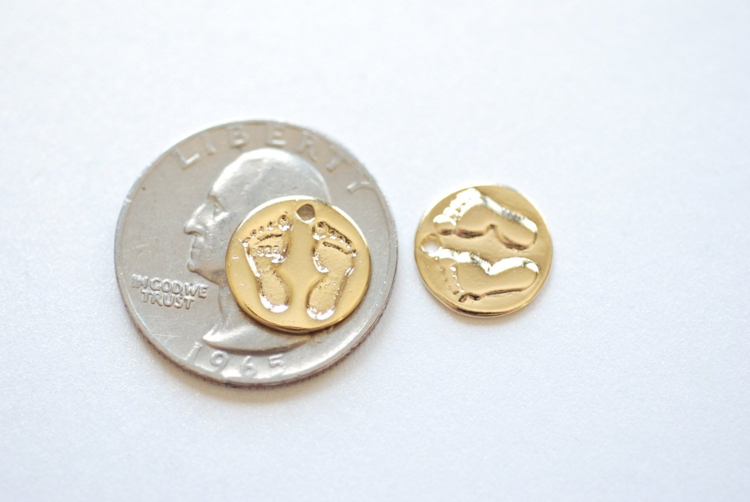 Shiny Vermeil Gold Baby Feet Print Disc Charm - 18k Gold Plated sterling silver, tiny baby feet on round disk, Gold Baby Feet imprint - HarperCrown