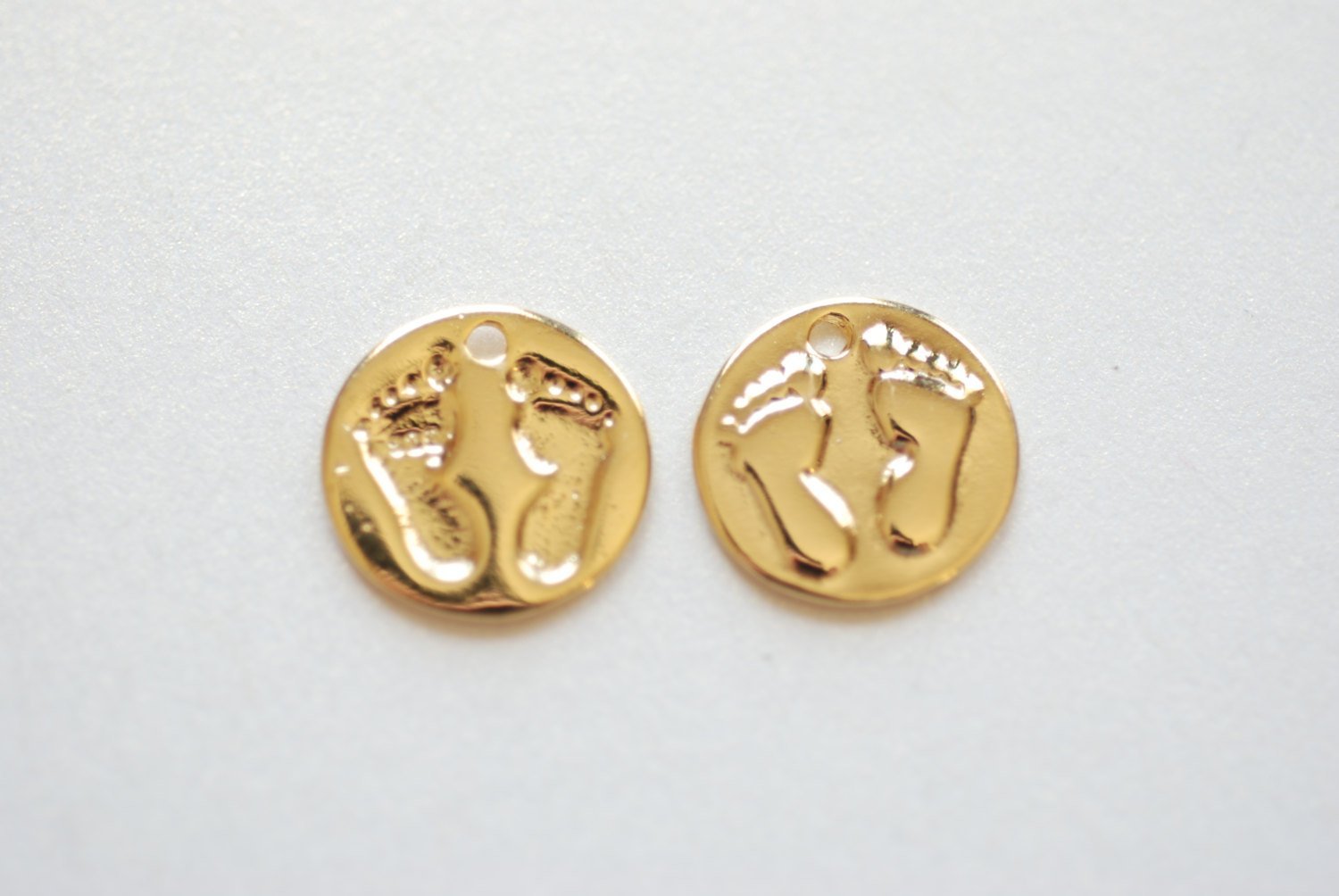 Shiny Vermeil Gold Baby Feet Print Disc Charm - 18k Gold Plated sterling silver, tiny baby feet on round disk, Gold Baby Feet imprint - HarperCrown