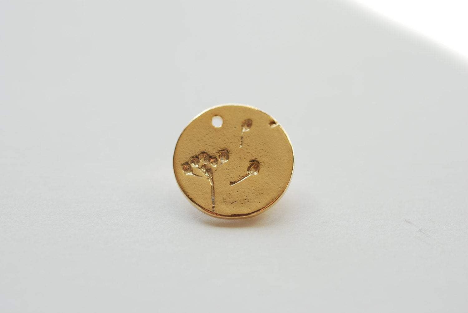 Shiny Vermeil Gold Dandelion Disc Charm- 18k gold plated over Sterling Silver Circle Dandelion Pendant, Round Gold Dandelion Flower - HarperCrown