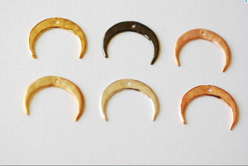 Shiny Vermeil Gold Hammered Crescent Moon Charm Pendant- 18k gold plated over sterling Silver Half Moon, Gold Double Horn Charm, Moon, 246 - HarperCrown