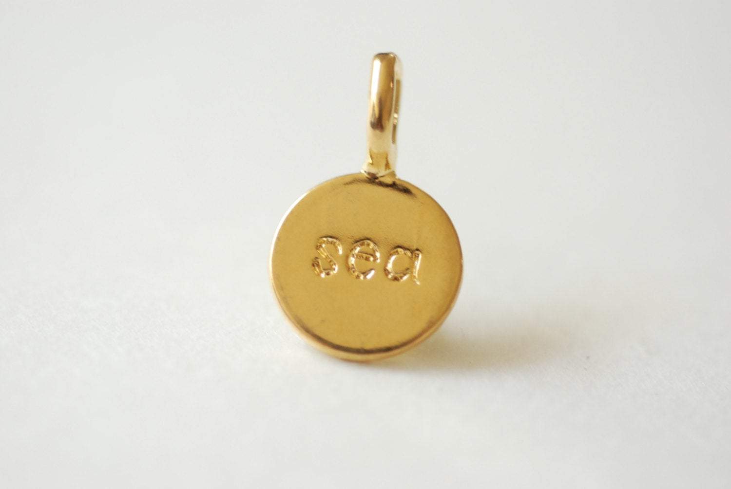 Shiny Vermeil Gold Sea Disc with attached Bail - 18k gold over 925 sterling silver "sea" round disc charm pendant, aloha, sand, sea, tag - HarperCrown