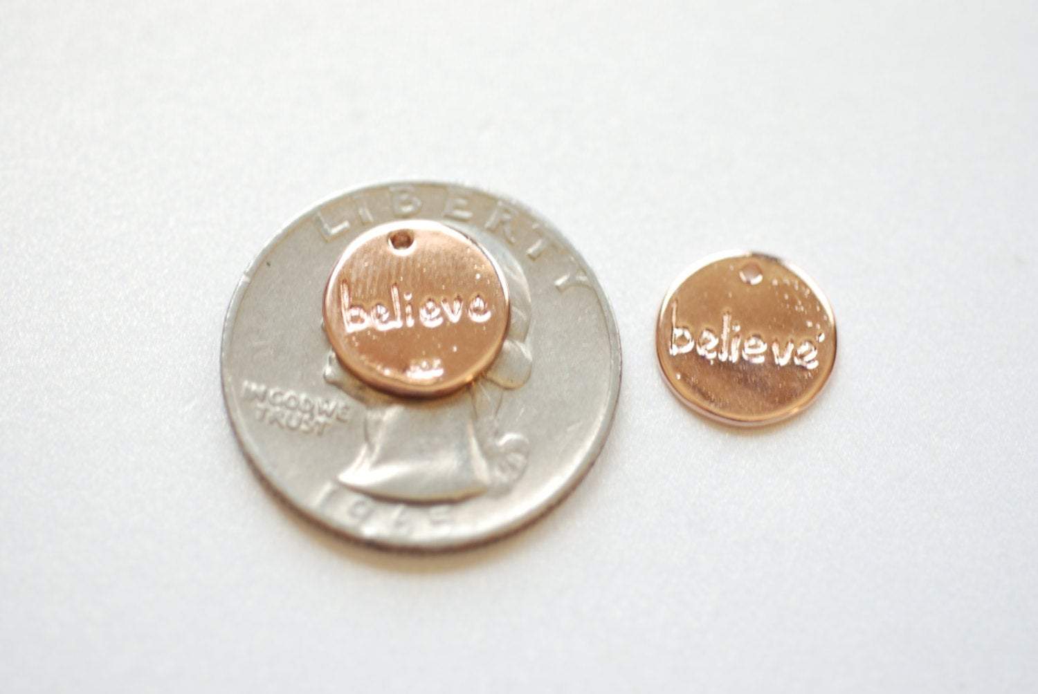 Shiny Vermeil Pink Rose Gold Round BELIEVE Disc- 18k gold plated Sterling Silver, 12mm Round Silver Disc, Vermeil Gold Round Blank, 185 Disc - HarperCrown