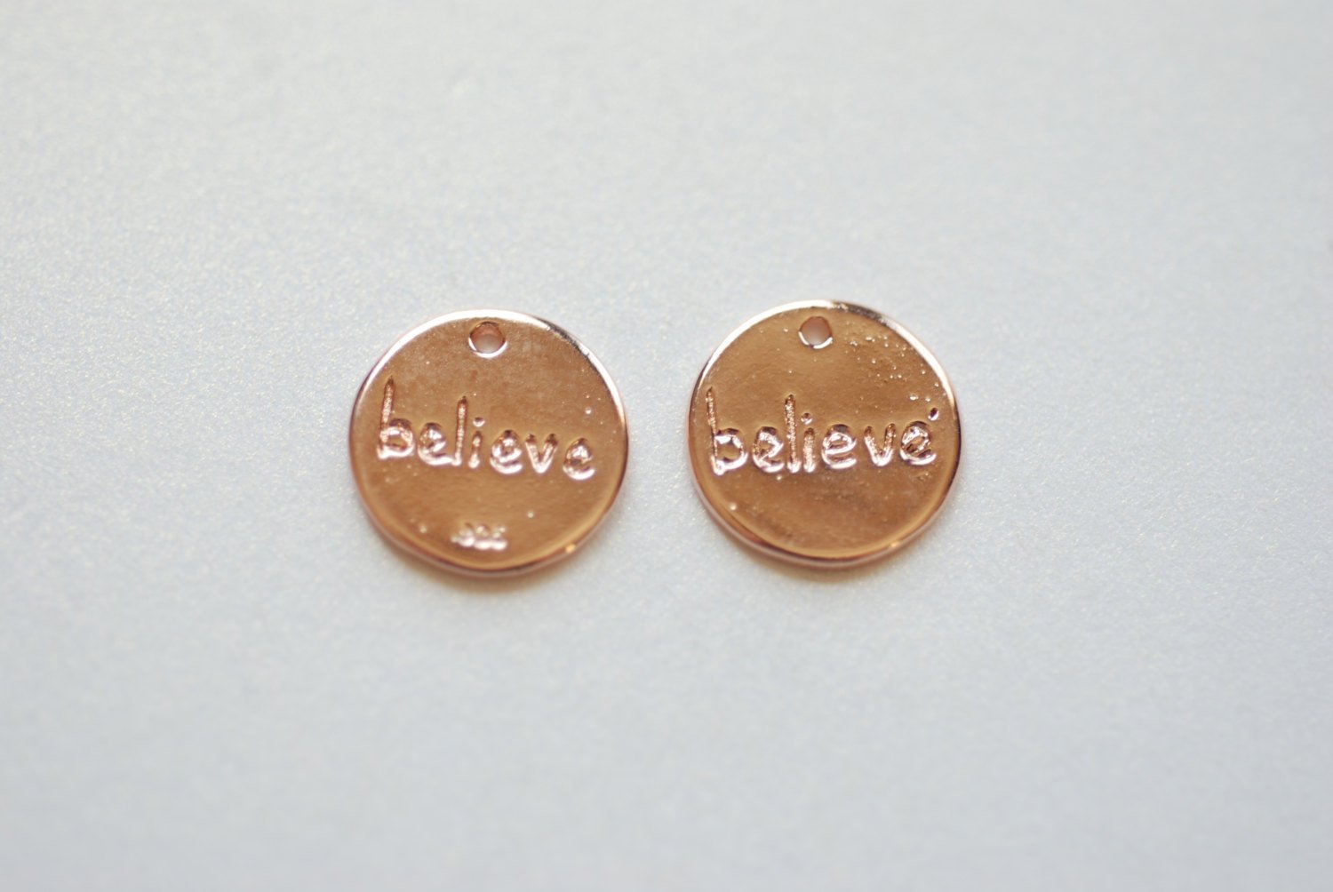 Shiny Vermeil Pink Rose Gold Round BELIEVE Disc- 18k gold plated Sterling Silver, 12mm Round Silver Disc, Vermeil Gold Round Blank, 185 Disc - HarperCrown