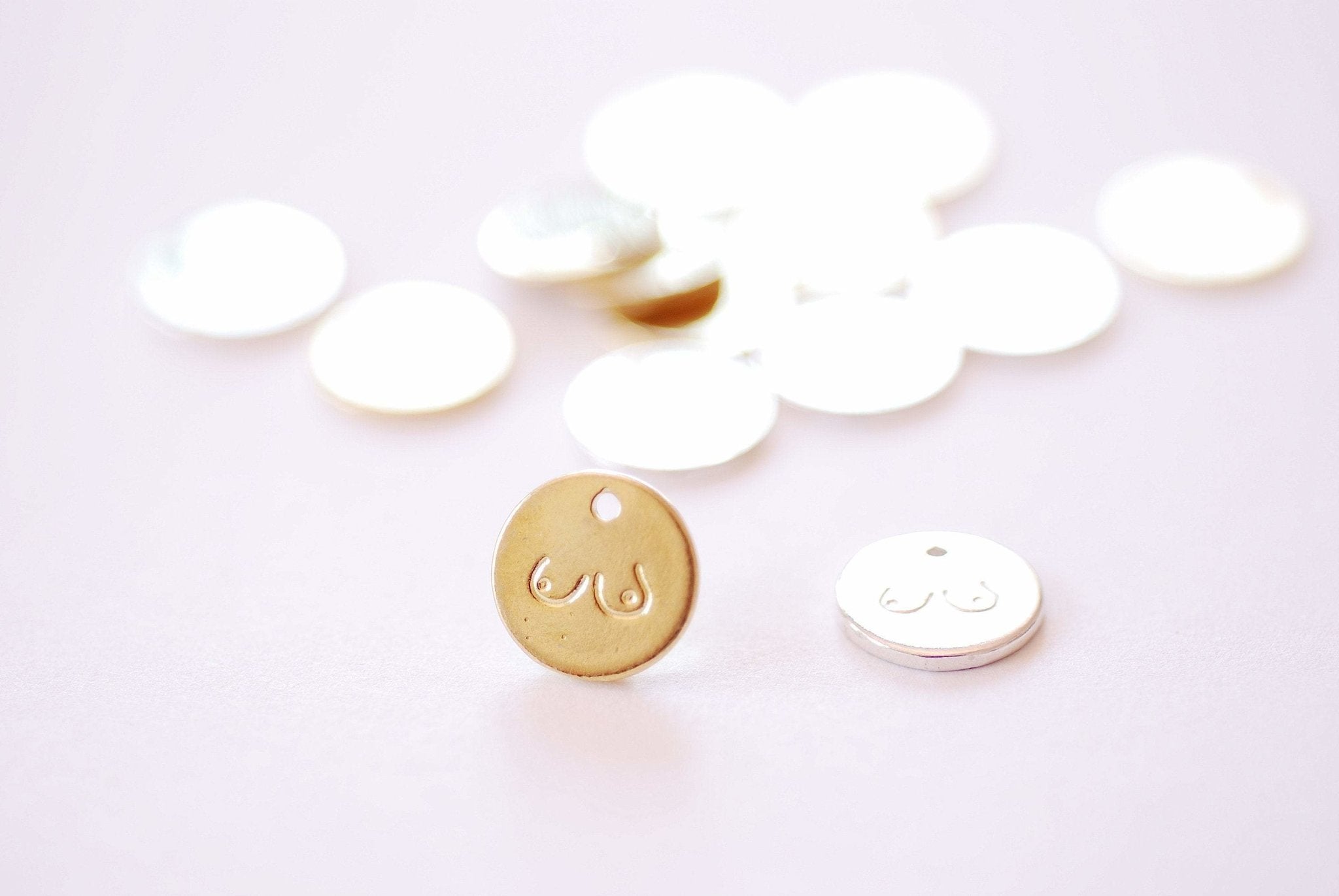 Small Gold Boobs Boobies Breast Disc Round Charm Vermeil 18kk gold plated 925 Sterling silver Stamping Disc Breast Cancer Awareness - HarperCrown
