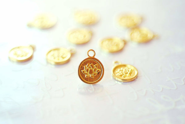 Small Lotus Disc Charm Pendant Vermeil 18k gold plated 925 Sterling Silver Lotus Flower Yoga Zen Buddha Meditation Floral Round Disc A114 - HarperCrown