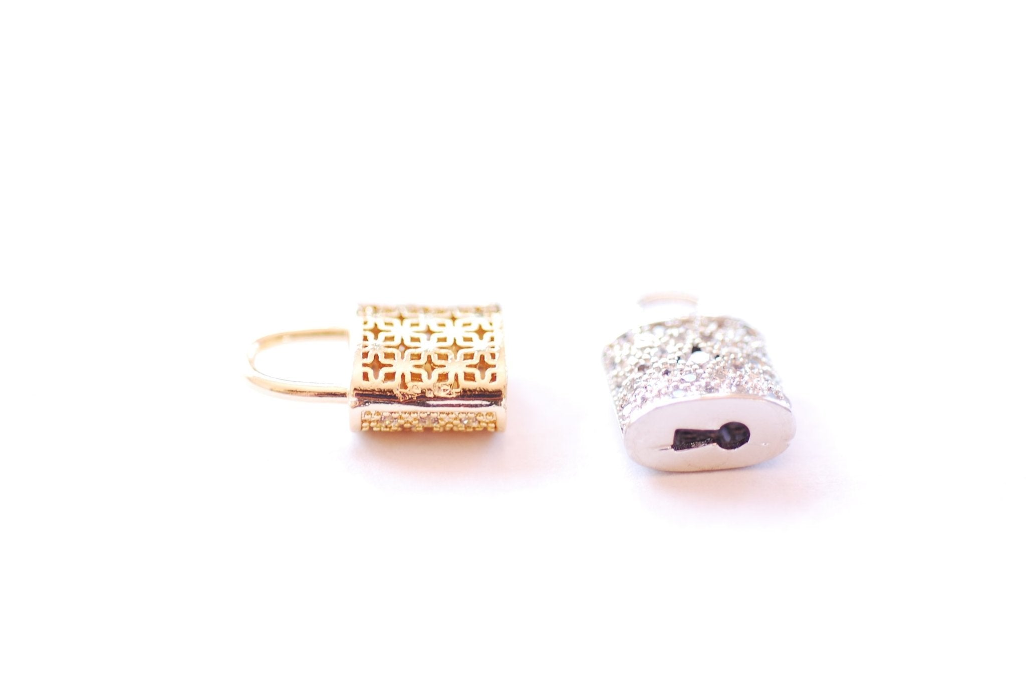 Small Padlock CZ Cubic Zirconia Charm - 16k gold plated over Brass Tiny Gold Lock Micro Pave Charm Pendant Wholesale Brass Charms B206 - HarperCrown