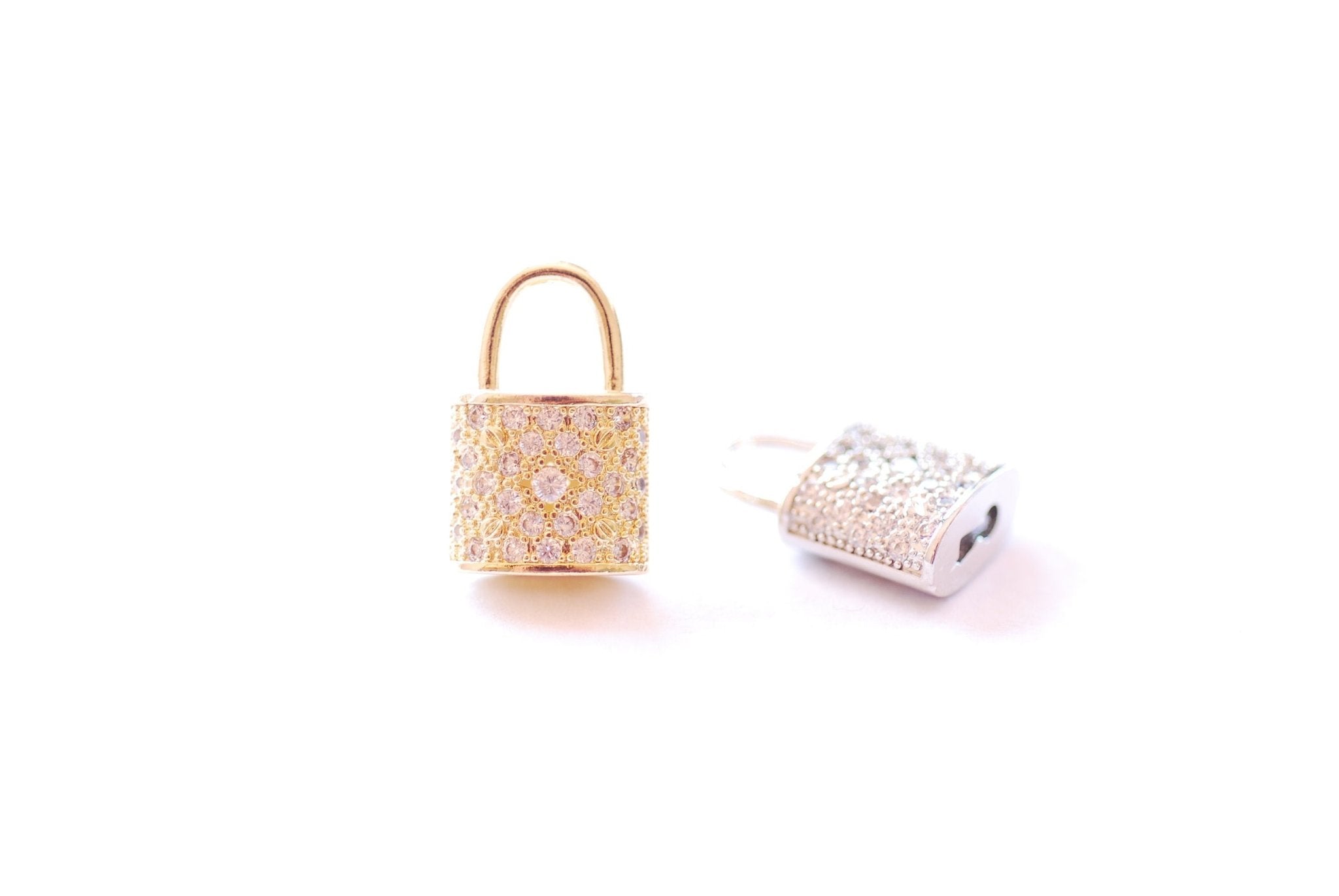 Small Padlock CZ Cubic Zirconia Charm - 16k gold plated over Brass Tiny Gold Lock Micro Pave Charm Pendant Wholesale Brass Charms B206 - HarperCrown