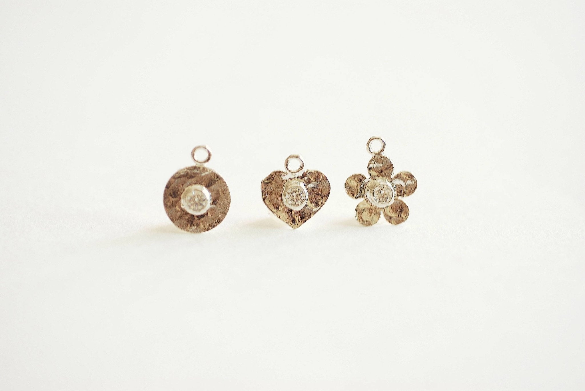 Sterling Silver Hammered Round Circle, Heart, Flower with CZ Charm, 10x12mm, 925 Stamp, Sterling Silver Hammered Heart, Hammered Flower, CZ - HarperCrown