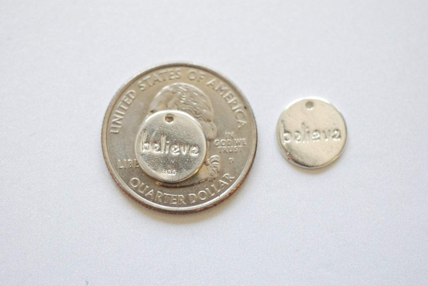 Sterling Silver Round BELIEVE Disc- 12mm Round Silver Disc, 925 Silver Disc, Believe, Sterling Silver Wholesale Charms, 185 - HarperCrown