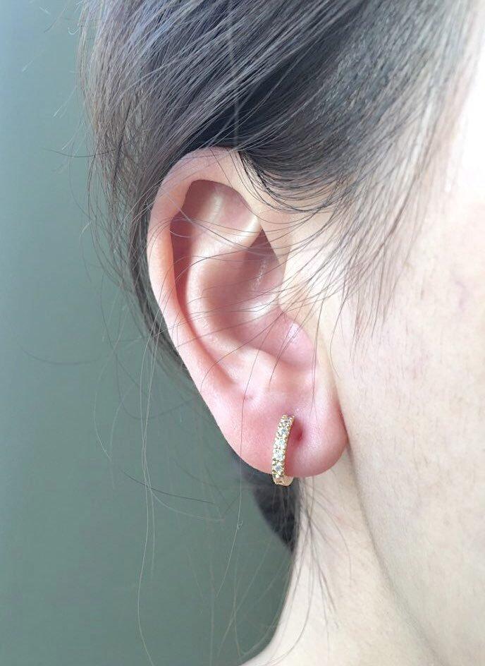 Thin Cubic Zirconia Hoop Earrings - Sterling Silver, 18k Gold and Rose Gold, huggie hoops earrings, Bridesmaid Gift, Tiny hoops, Hoops - HarperCrown