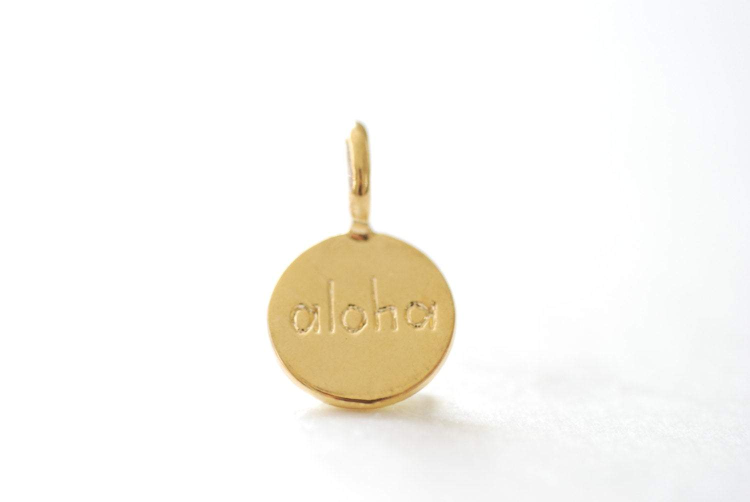 Vermeil Gold Aloha Tag - 18k gold over 925 sterling silver vermeil gold "aloha" round disc charm pendant, aloha, sand, sea,hawaiian greeting - HarperCrown