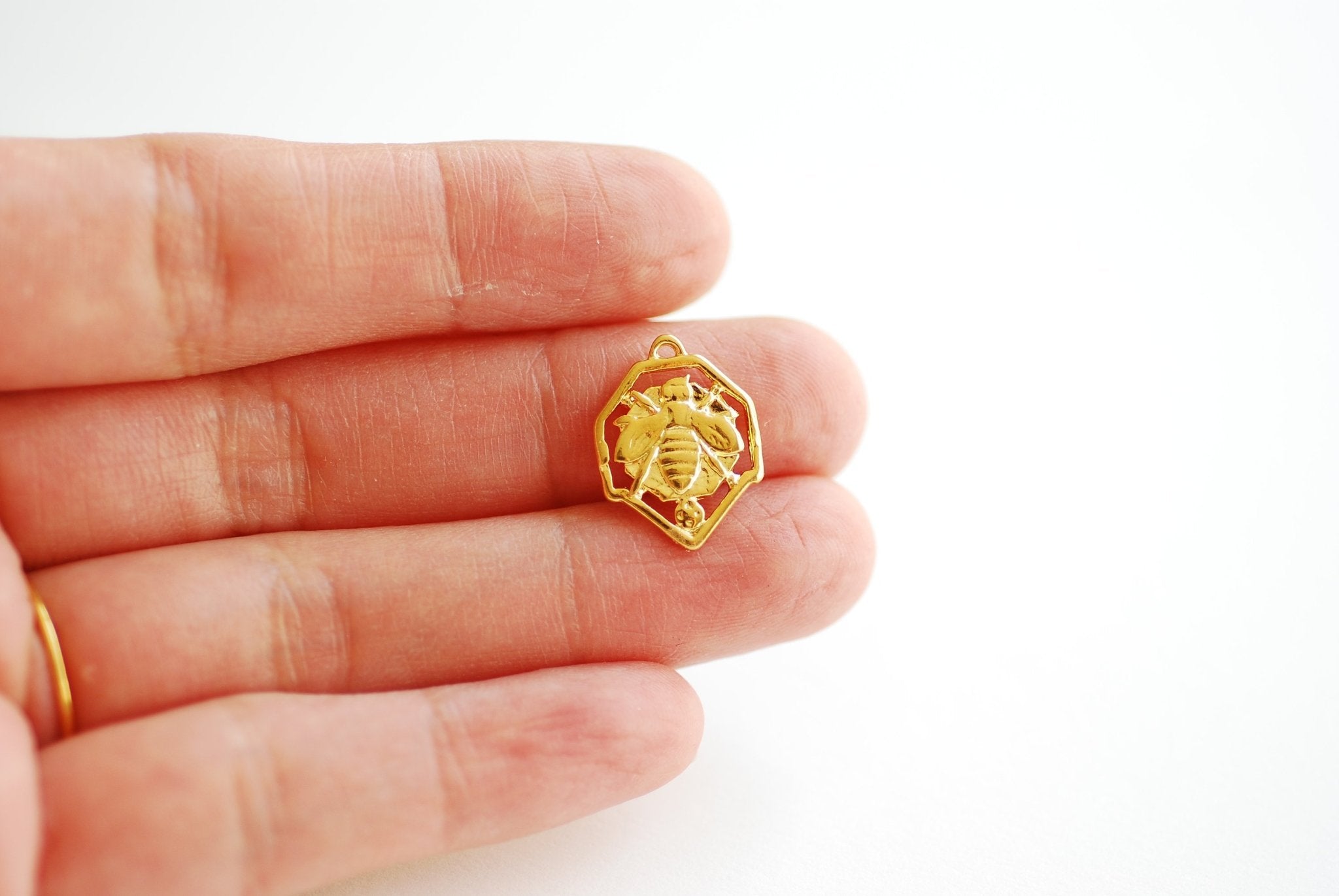 Vermeil Gold Bee Pendant- 18k plated over 925 Sterling Silver, Gold Bumblebee Charm, Gold Bee Charm, Gold beehive Charm, Honey Bee, 471 - HarperCrown