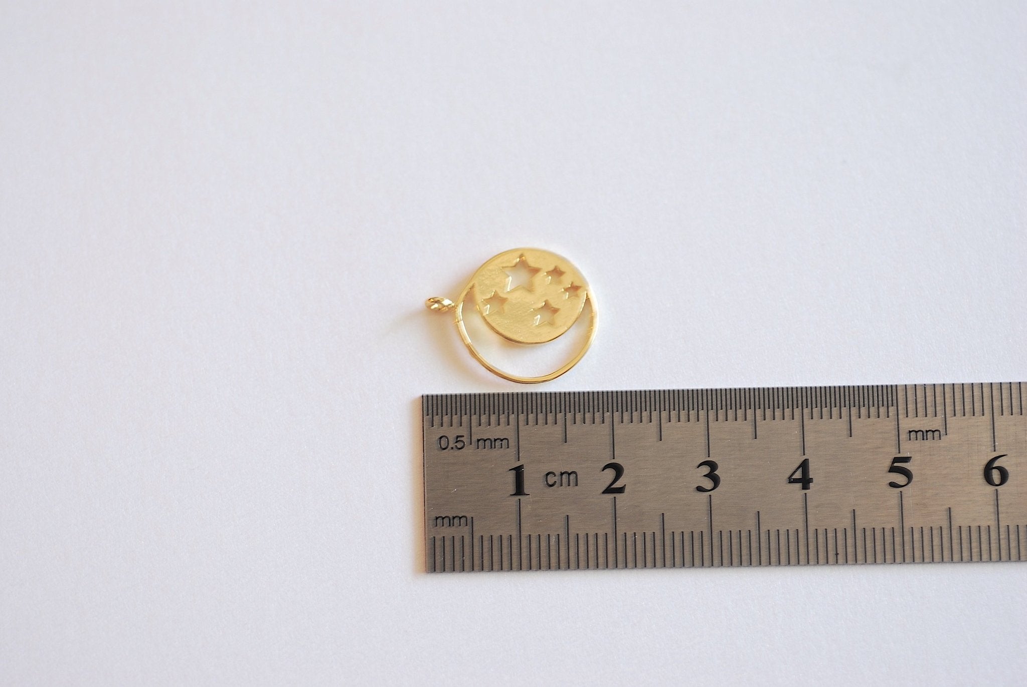 Vermeil Gold Crescent moon and star Charm- 22k Gold plated over Sterling Silver, Star Circle Charm, cut out stars, night sky, moon, 424 - HarperCrown