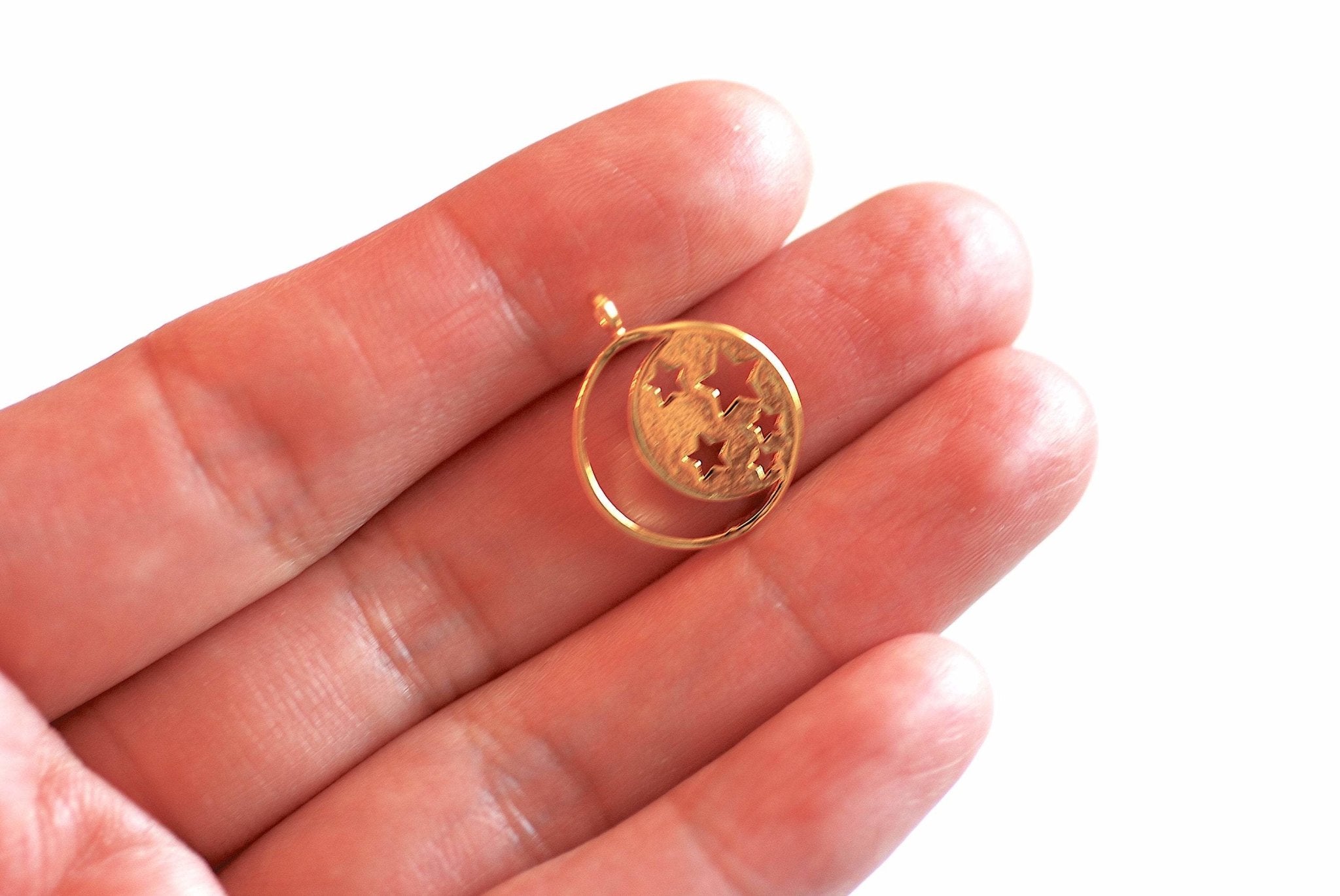 Vermeil Gold Crescent moon and star Charm- 22k Gold plated over Sterling Silver, Star Circle Charm, cut out stars, night sky, moon, 424 - HarperCrown