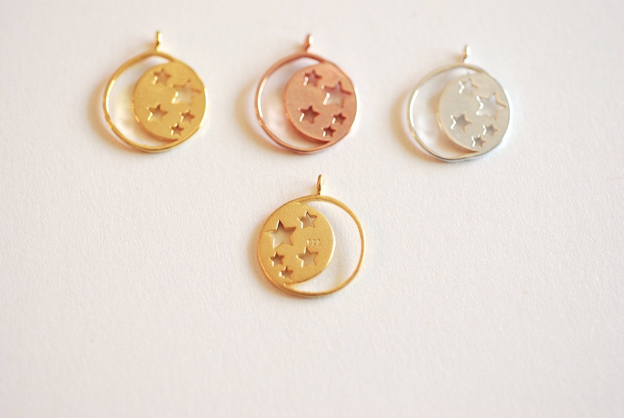 Vermeil Gold Crescent moon and star Charm- 22k Gold plated over Sterling Silver, Star Circle Charm, cut out stars, night sky, moon, 424 - HarperCrown
