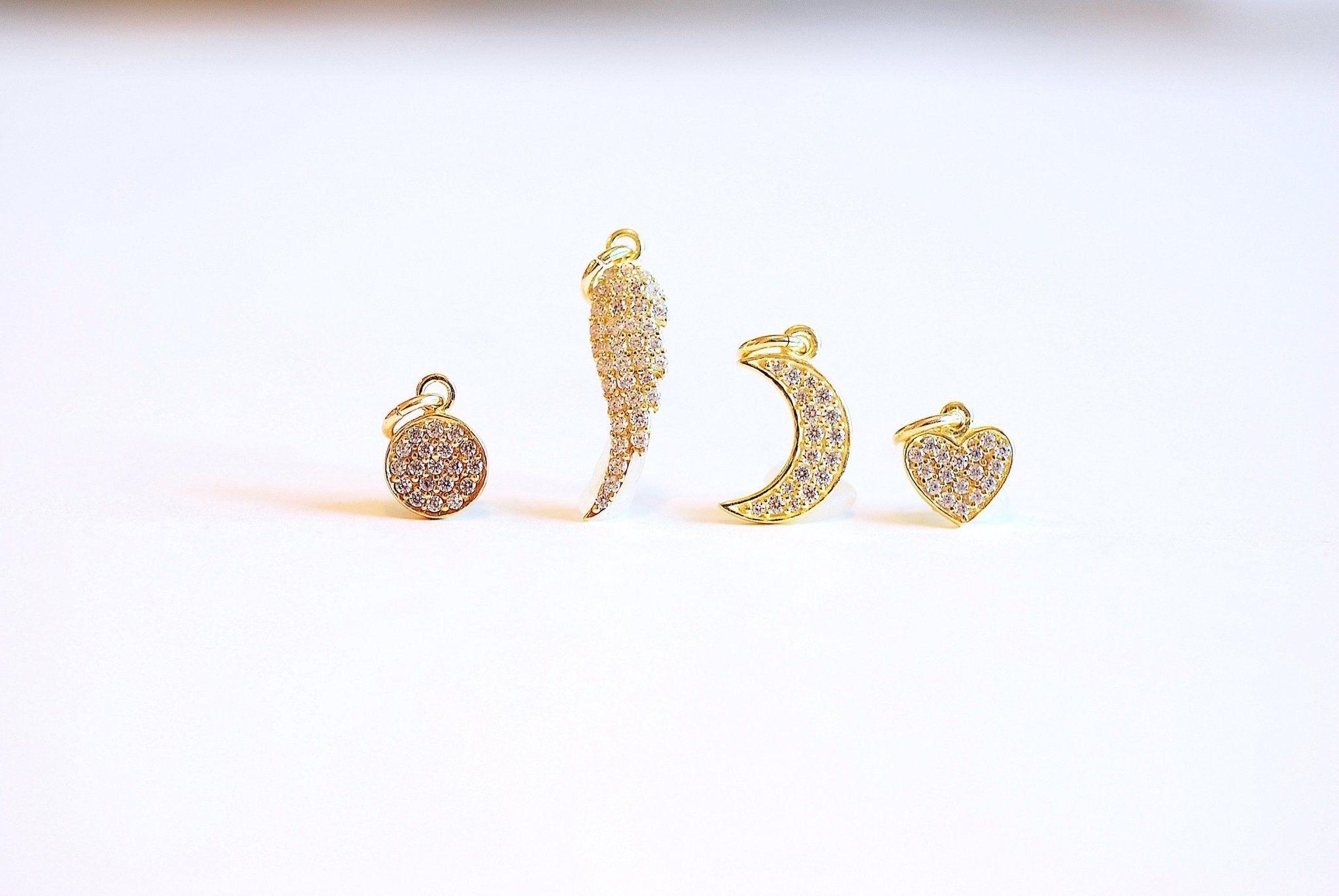 Vermeil Gold Crescent Moon CZ Pave Charm- Angel Wing, Round Circle, Heart, Cubic Zirconia Pave Charm, Pave Charms, attached Bail, 189 - HarperCrown