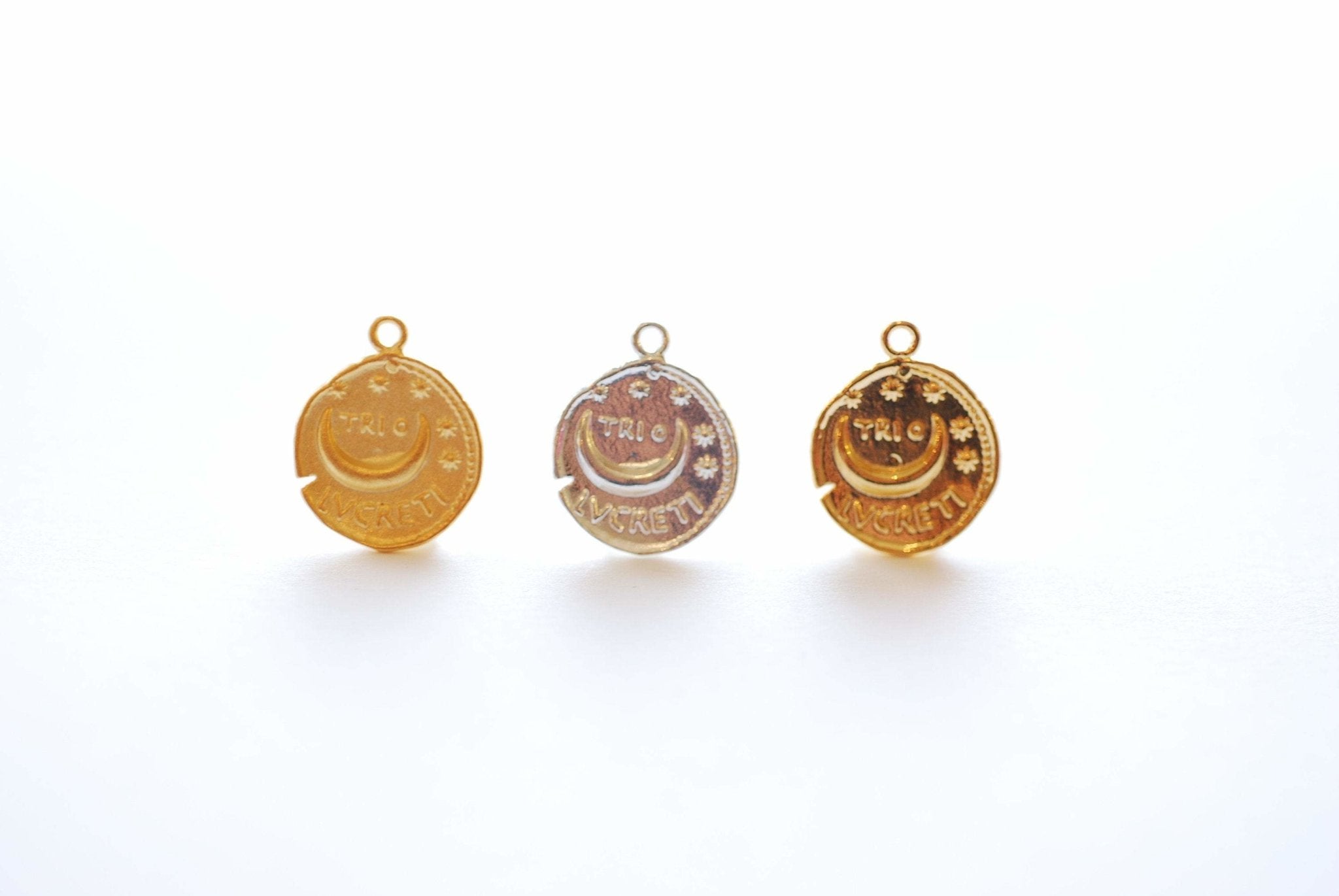 Vermeil Gold Greek Coin- 18k gold plated over Sterling Silver, Trio LVCRETI, Gold Moon Disc, Roman Coin, Denarius Coin, Medallion Coin, 501 - HarperCrown