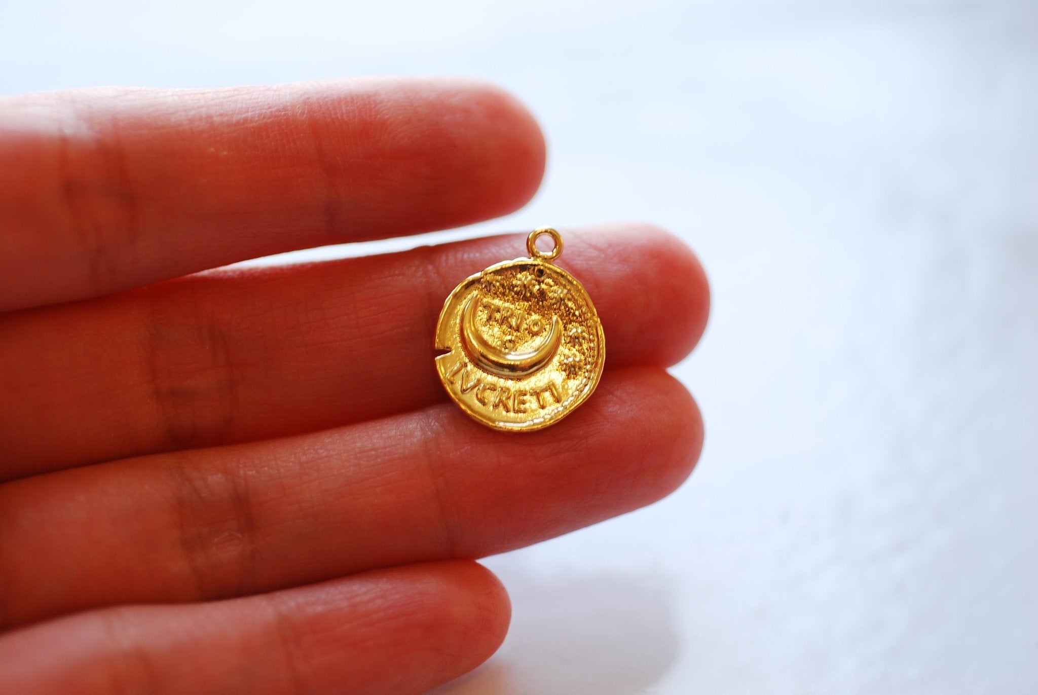Vermeil Gold Greek Coin- 18k gold plated over Sterling Silver, Trio LVCRETI, Gold Moon Disc, Roman Coin, Denarius Coin, Medallion Coin, 501 - HarperCrown