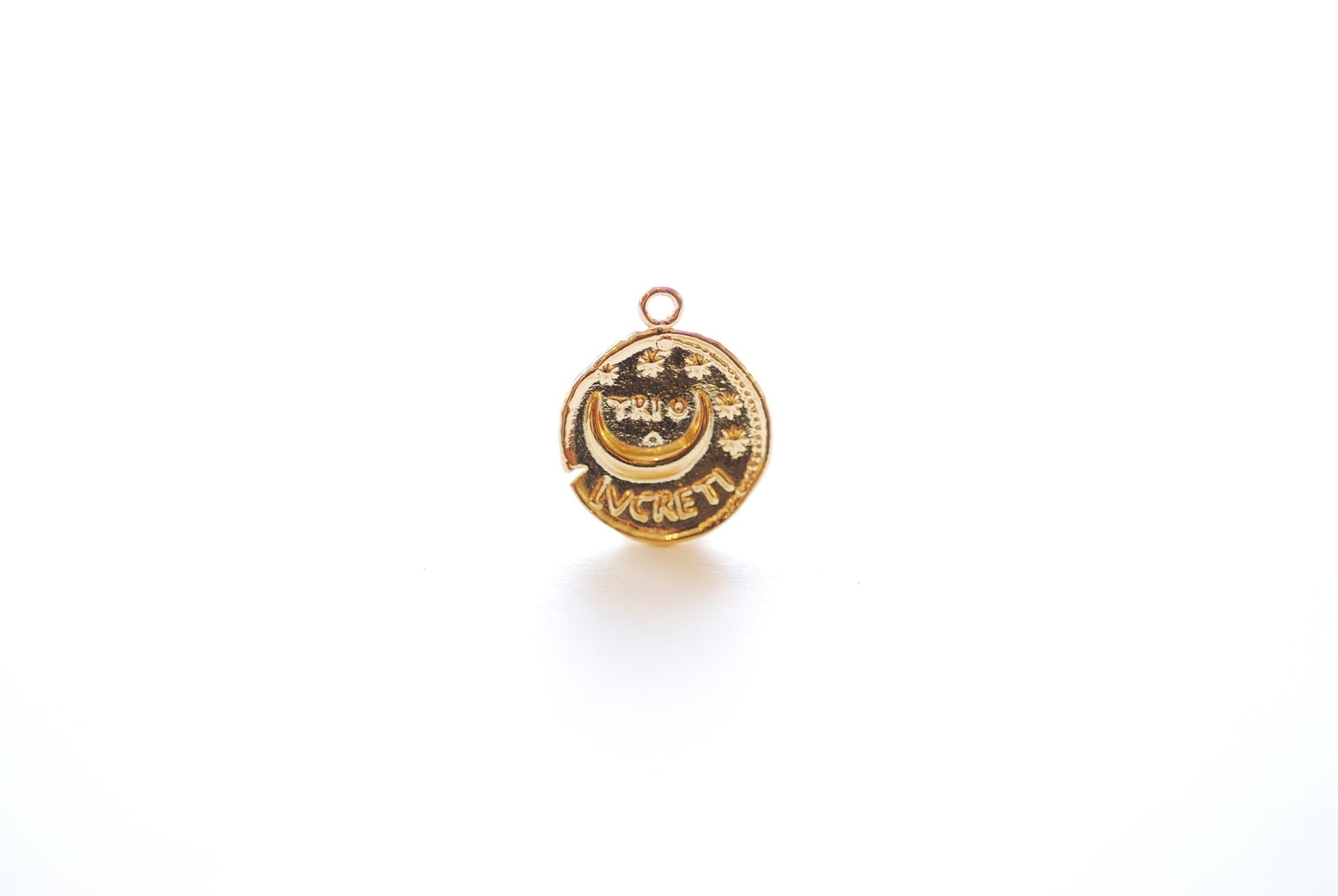 Vermeil Gold Greek Coin- 18k gold plated over Sterling Silver, Trio LVCRETI, Gold Moon Disc, Roman Coin, Denarius Coin, Medallion Coin, 501 - HarperCrown