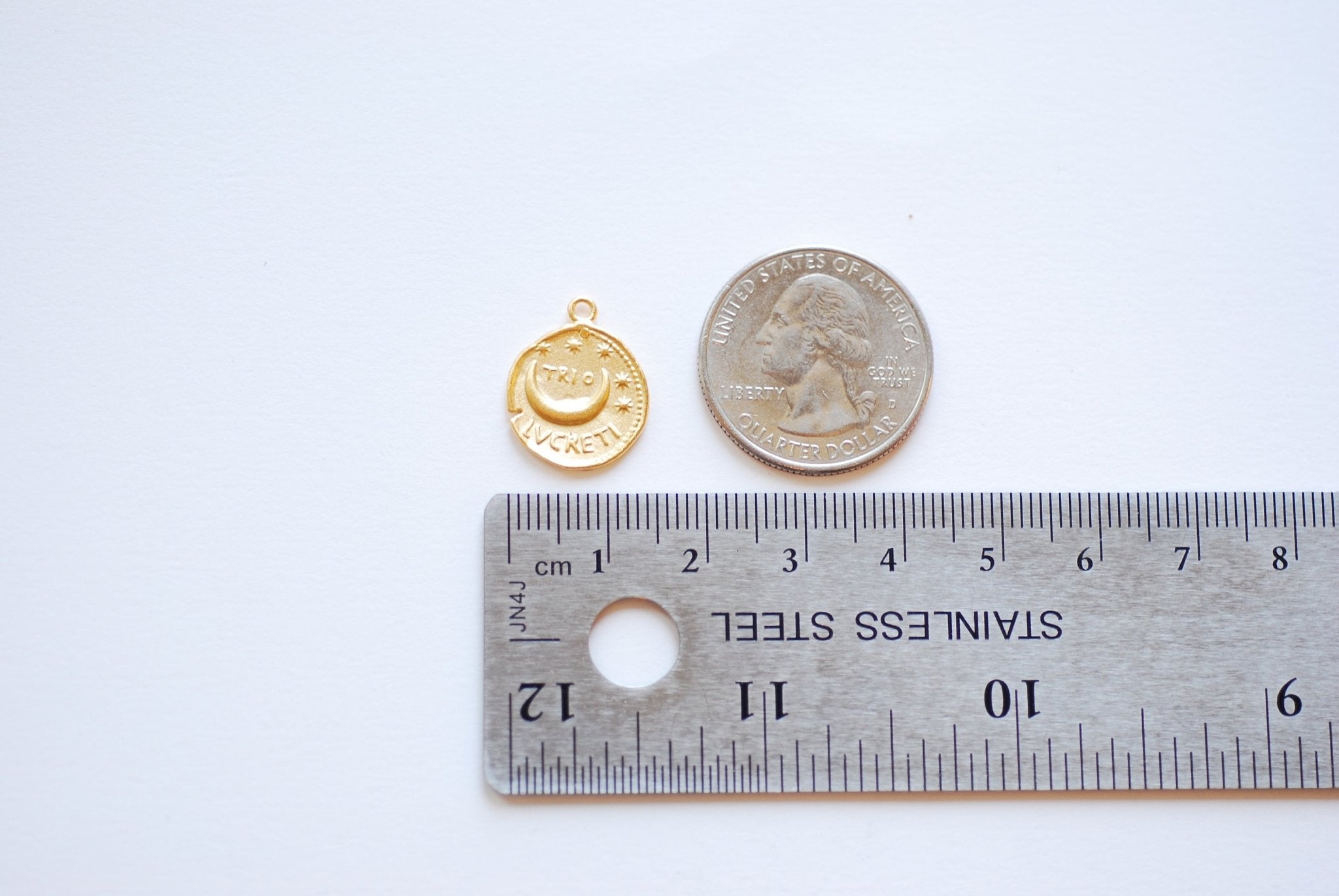 Vermeil Gold Greek Coin- 18k gold plated over Sterling Silver, Trio LVCRETI, Gold Moon Disc, Roman Coin, Denarius Coin, Medallion Coin, 501 - HarperCrown