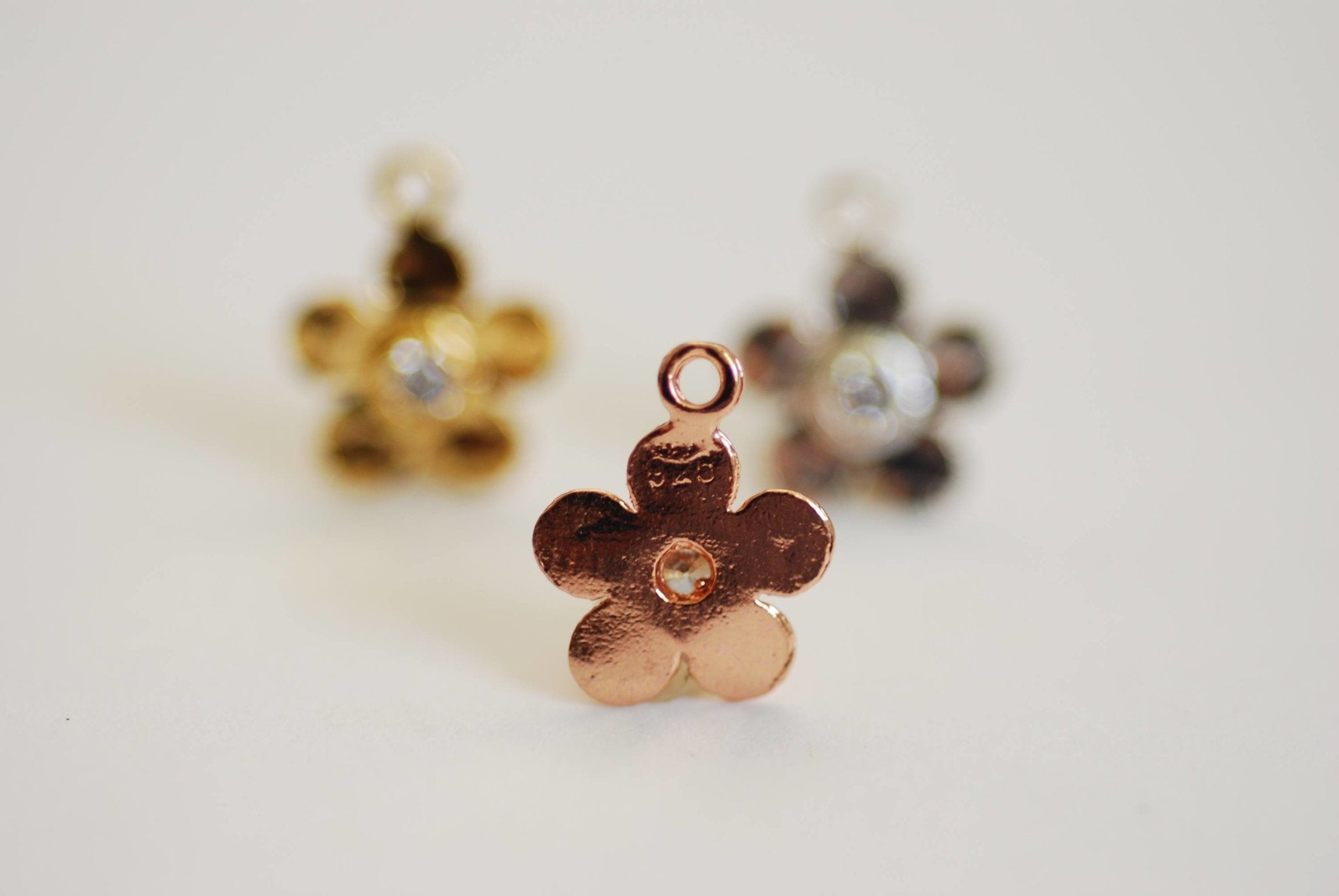 Vermeil Gold Hammered Flower with CZ Stone Accent Charm- 22k Gold plated over 925 Sterling Silver, Rose Gold Flower Charm Pendant, Pave, 349 - HarperCrown